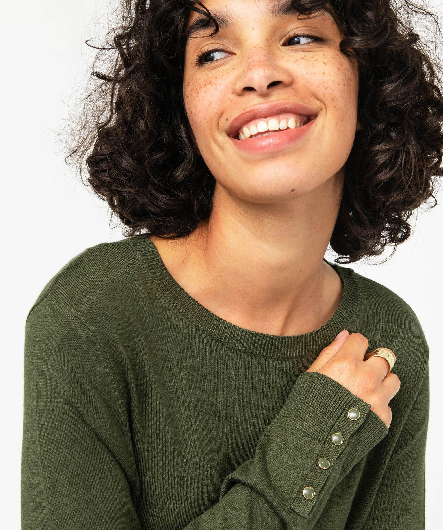 Pull à col rond en maille fine femme kaki | GEMO