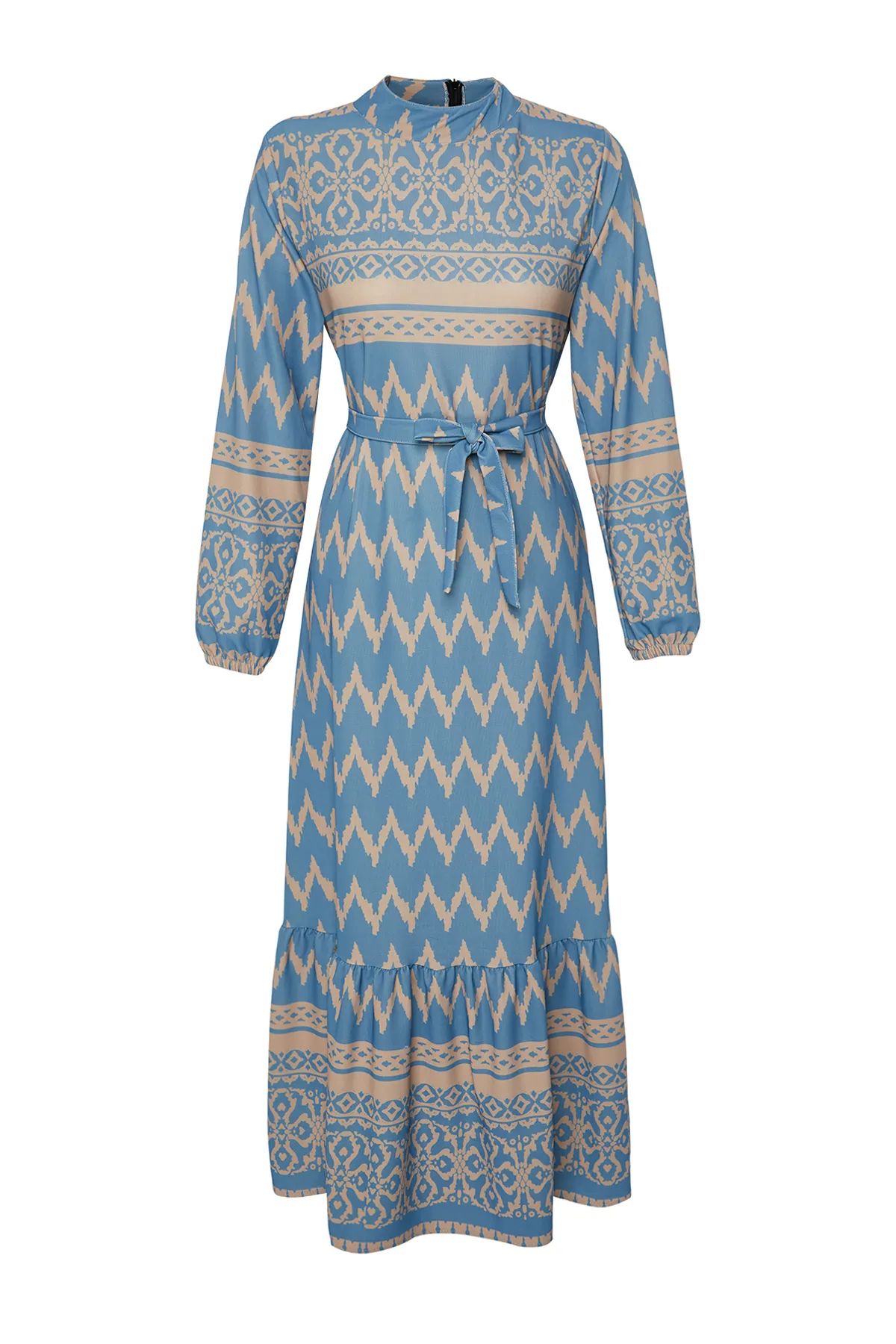 Trendyol Modest  Türkis gemustertes Kleid aus Viskosegewebe mit Gürtel TCTSS24EB00258
