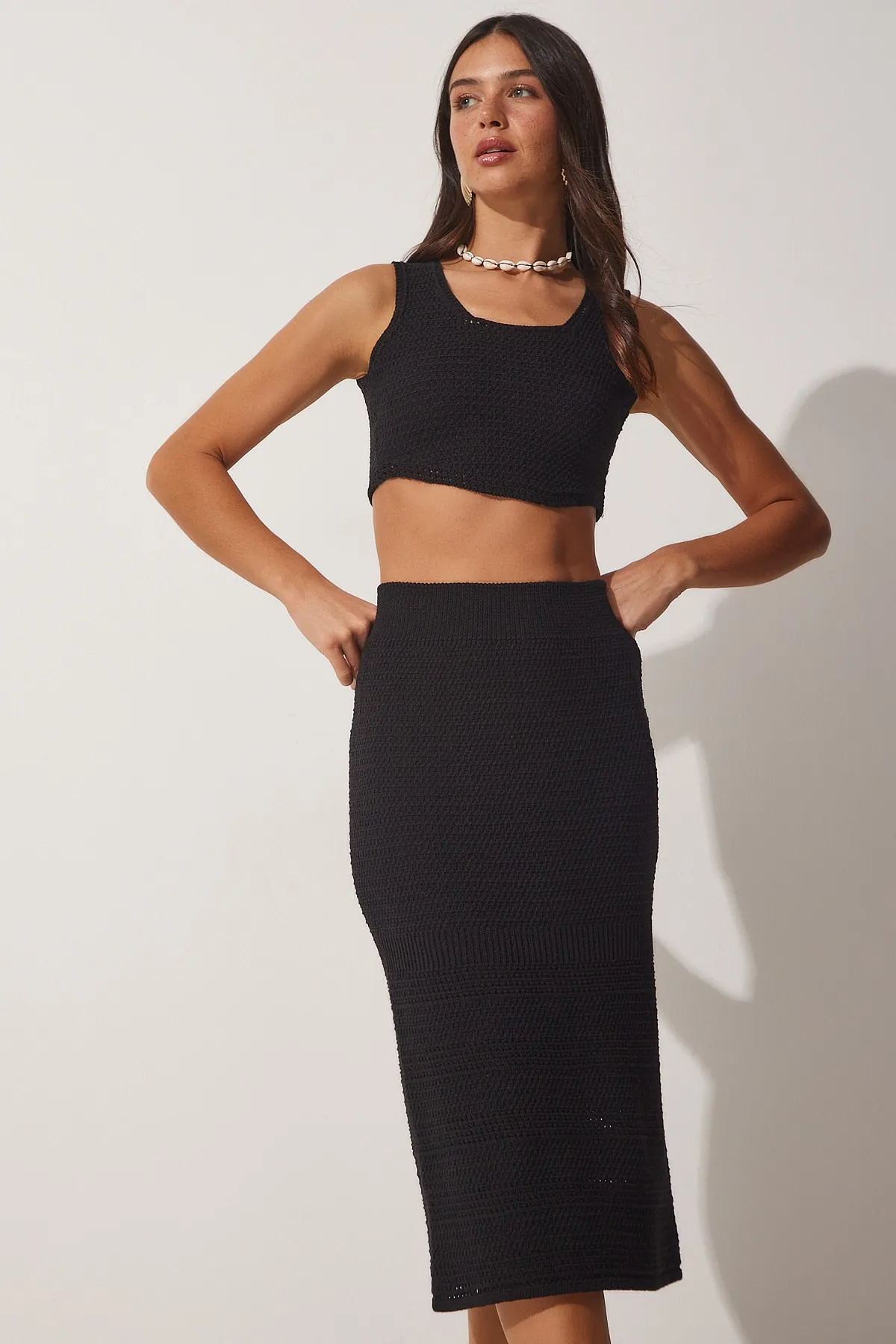 Happiness İstanbul  Schwarzer Crop-Rock für Damen, Sommer-Strickset YY00144