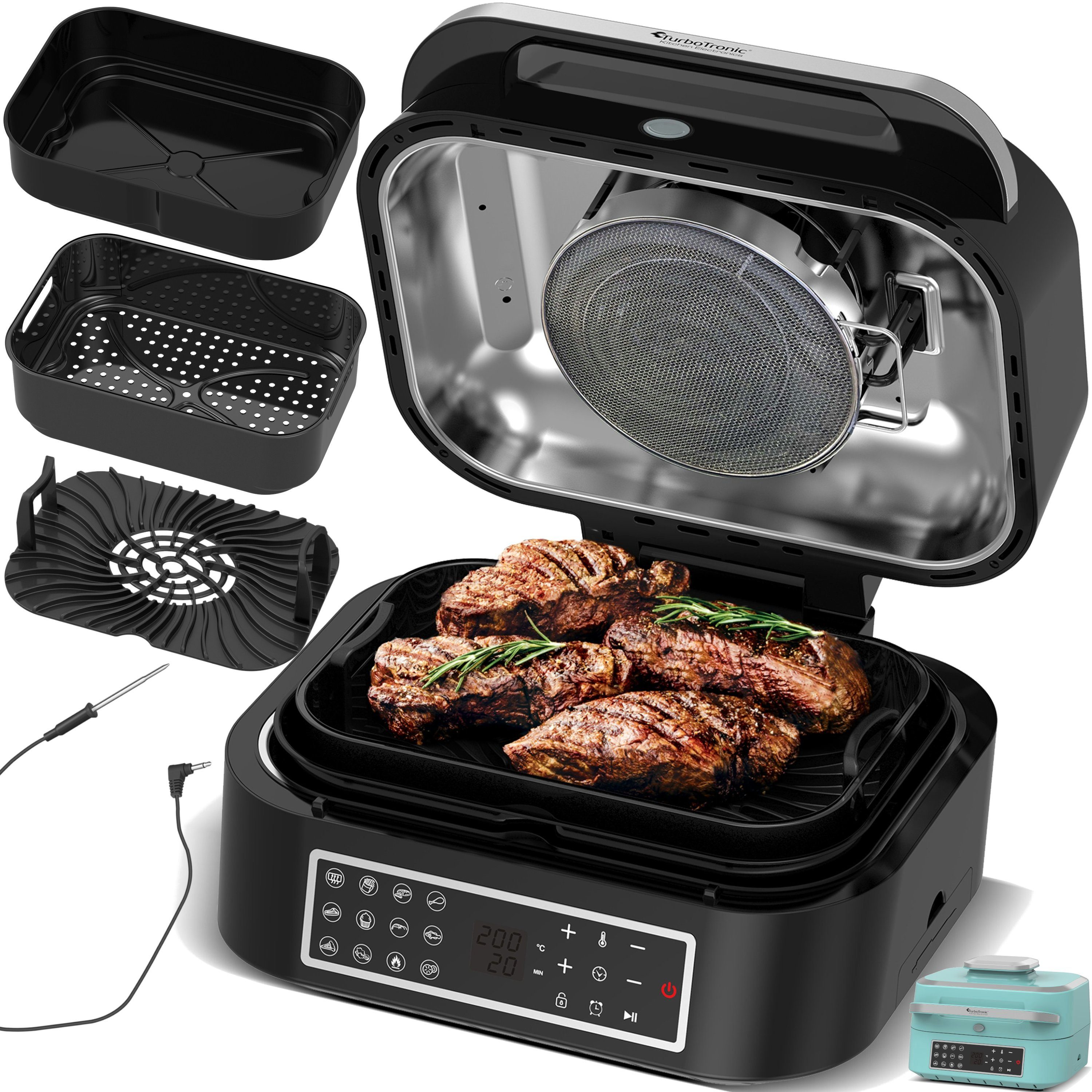 TurboTronic by Z-Line Heißluftfritteuse bis 260°C Food Grill mit digitalem Temperaturfühler 6,5 L Volumen, 1800 W, Tischgrill mit Crisper Plate Steakgrill