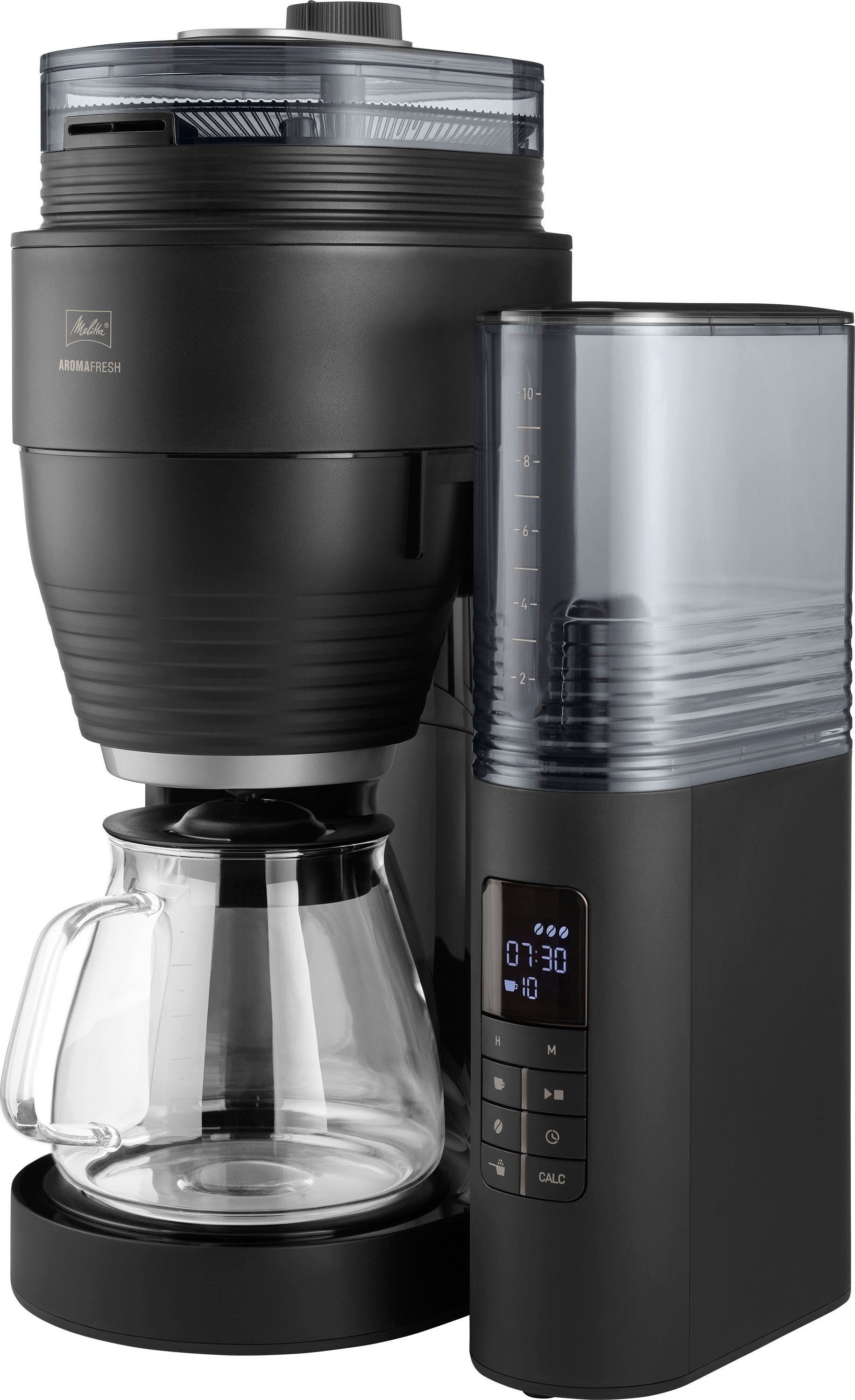 Melitta Kaffeemaschine mit Mahlwerk AromaFresh X 1030-06, 1,25l Kaffeekanne, Papierfilter 1x4, 11 Mahlgradeinstellungen,Kaffeebohnen/-pulver, Timer,Warmhalteplatte