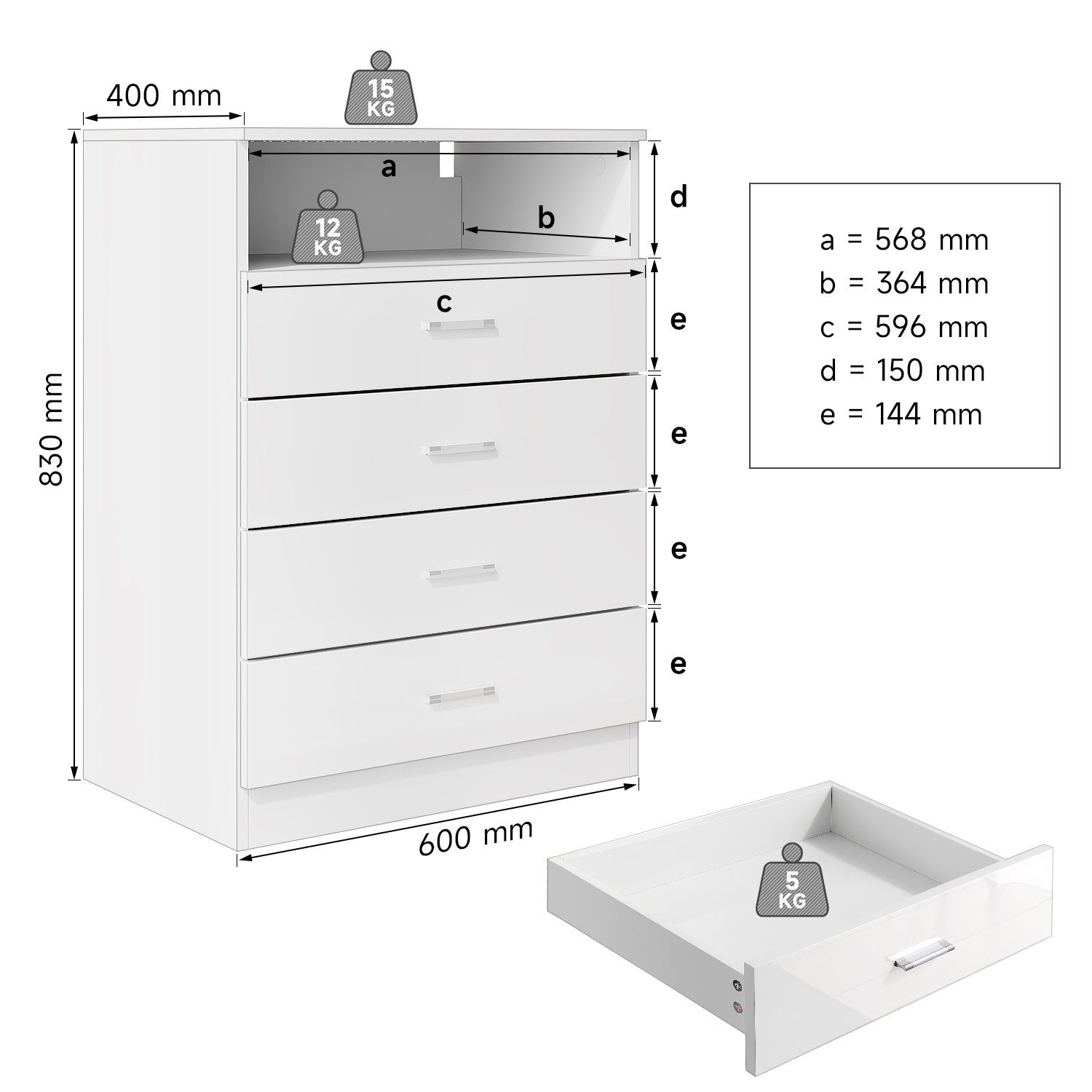 SONNI Kommode kommode Weiß,4 schubladen und offene Fächer, 60x40x83cm, Schlafzimmer Flur, Schrank, Sideboard, Highboard, mit led beleuchtung