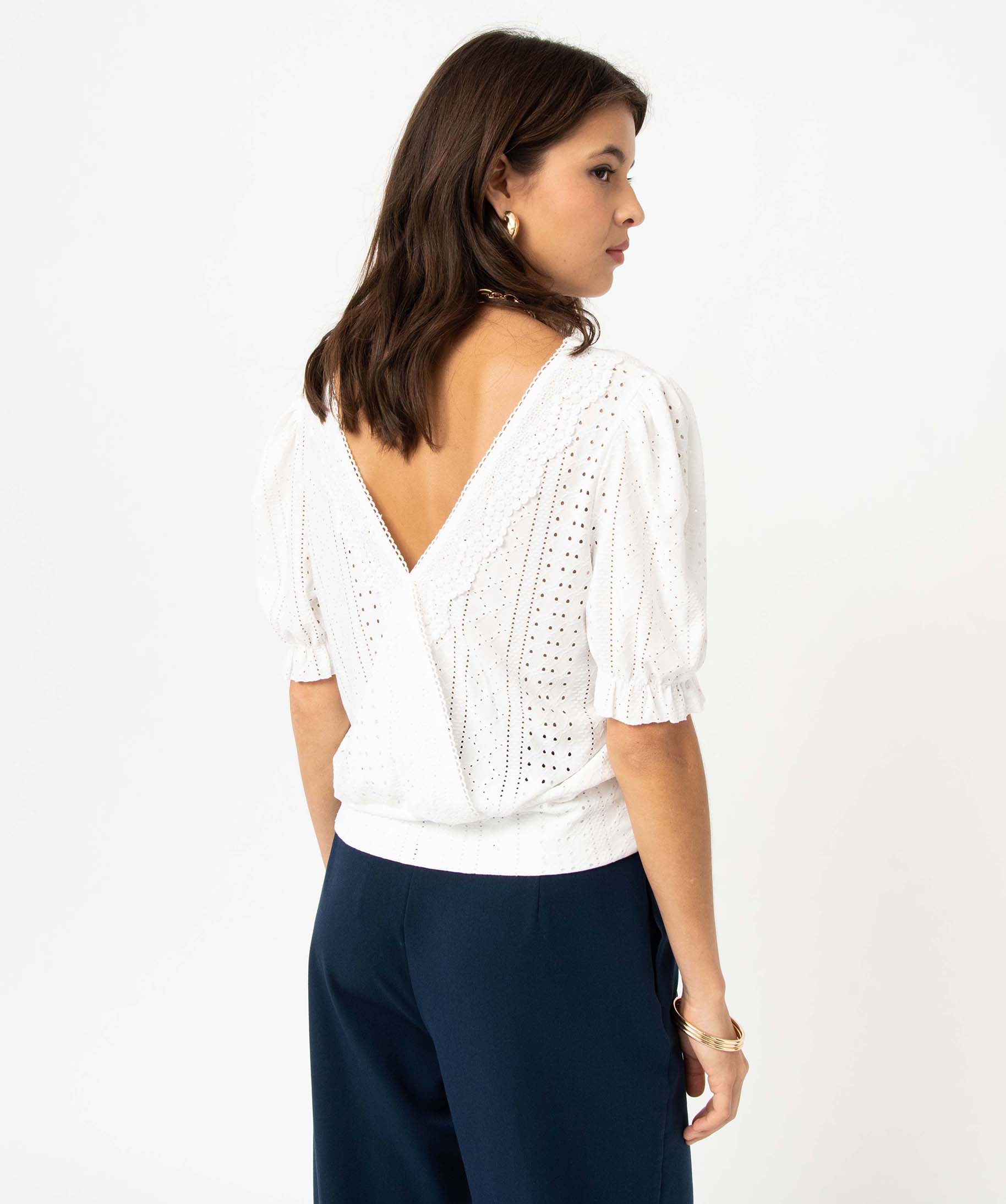 Tee-shirt manches courtes col V devant et dos en dentelle femme ecru | GEMO