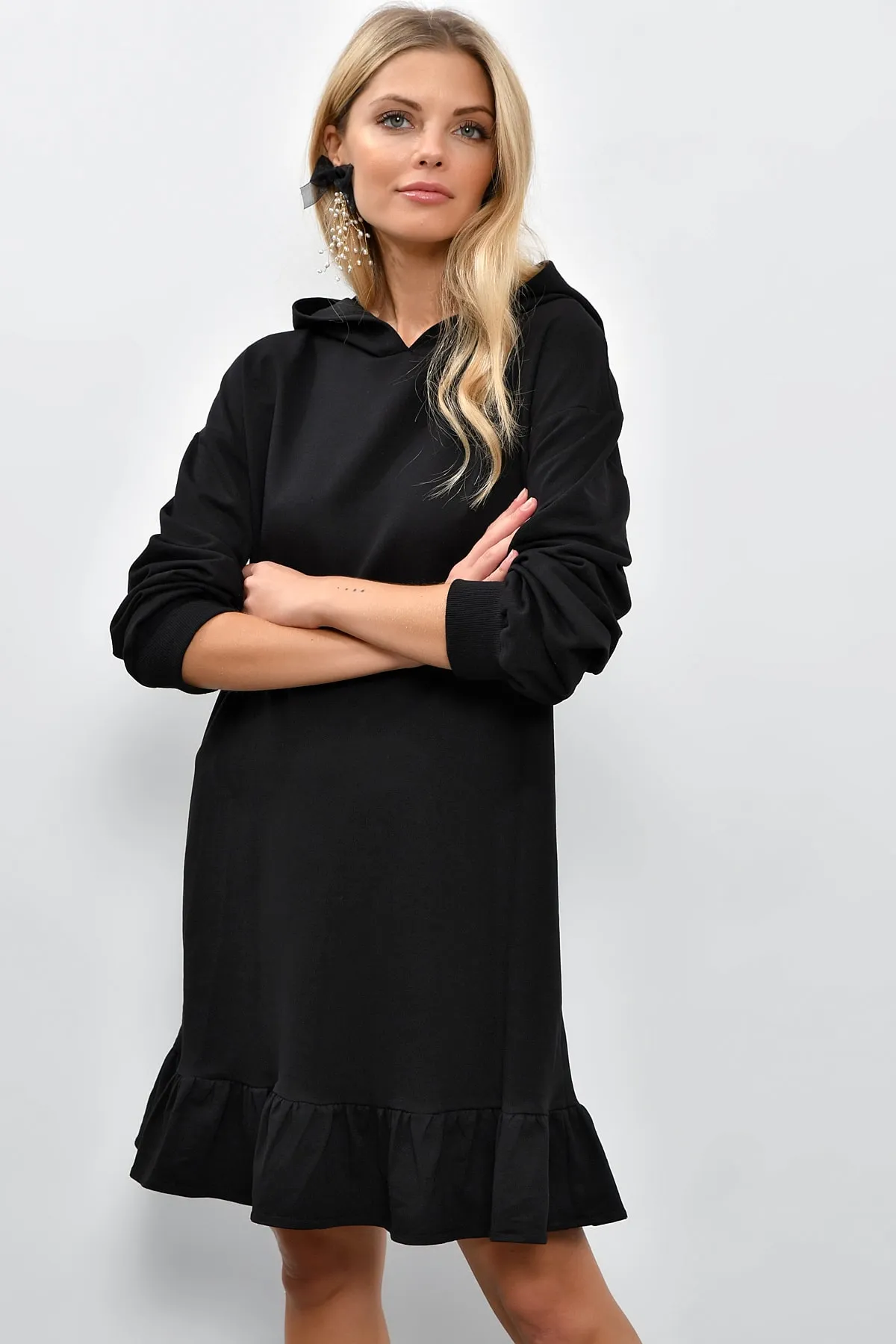 Cool & Sexy  Schwarzes Volant-Sweatkleid mit Kapuze für Damen B40