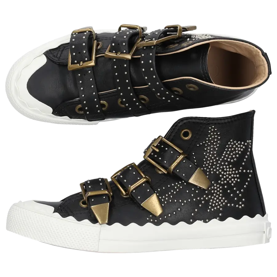 Chloé - Sneaker SUSANNA High Leder schwarz Nieten gold Floral - schwarz