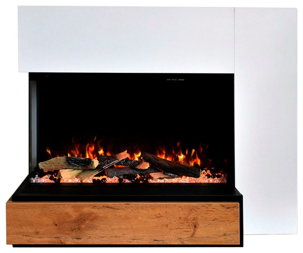 GLOW FIRE Elektrokamin Einstein rechts E-Motion 3D LED, täuschend echte Flamme mit Heizung, Kristall- und Holz Dekoration