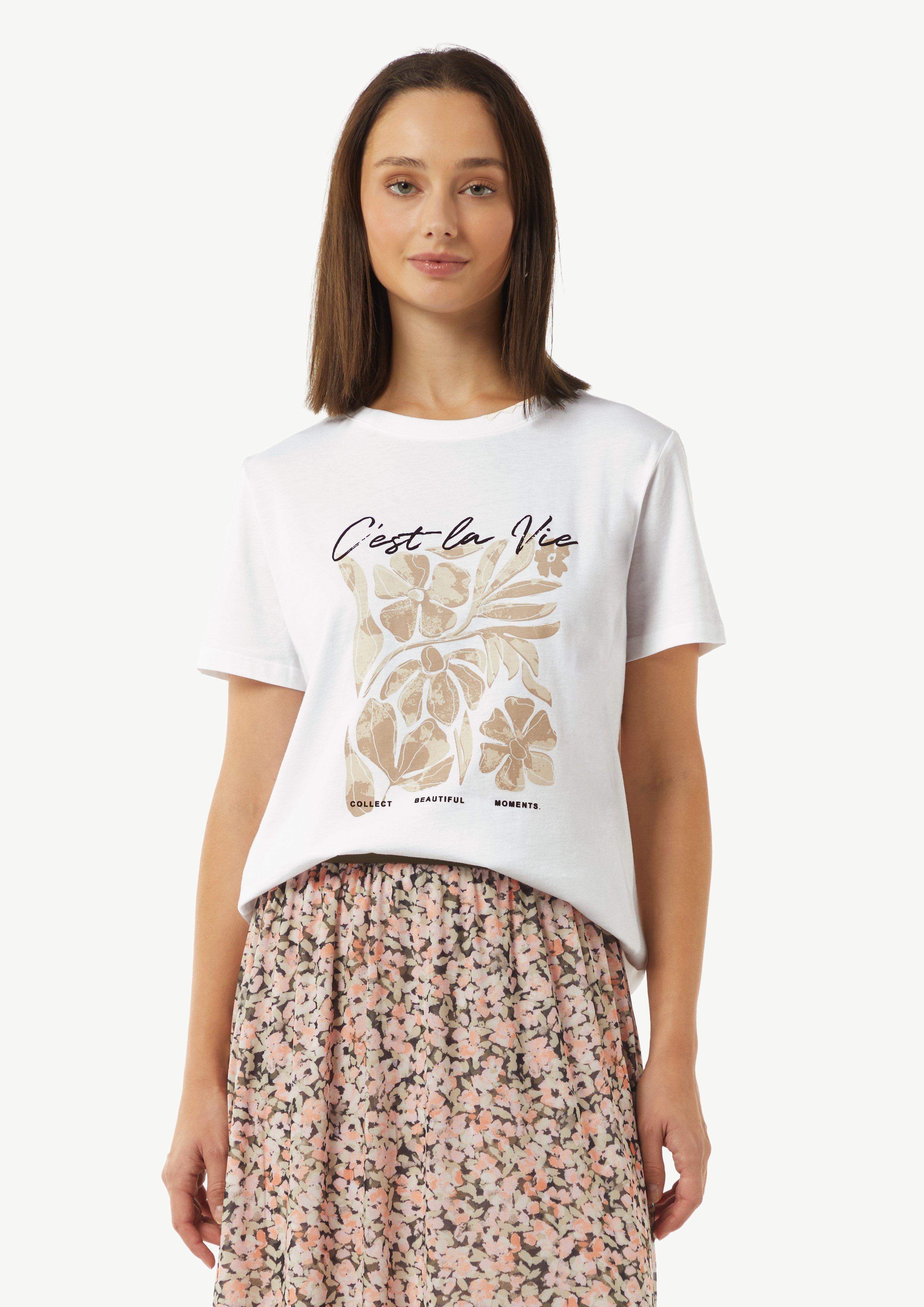 T-Shirt mit Artwork und Stickerei am Ausschnitt - weiß