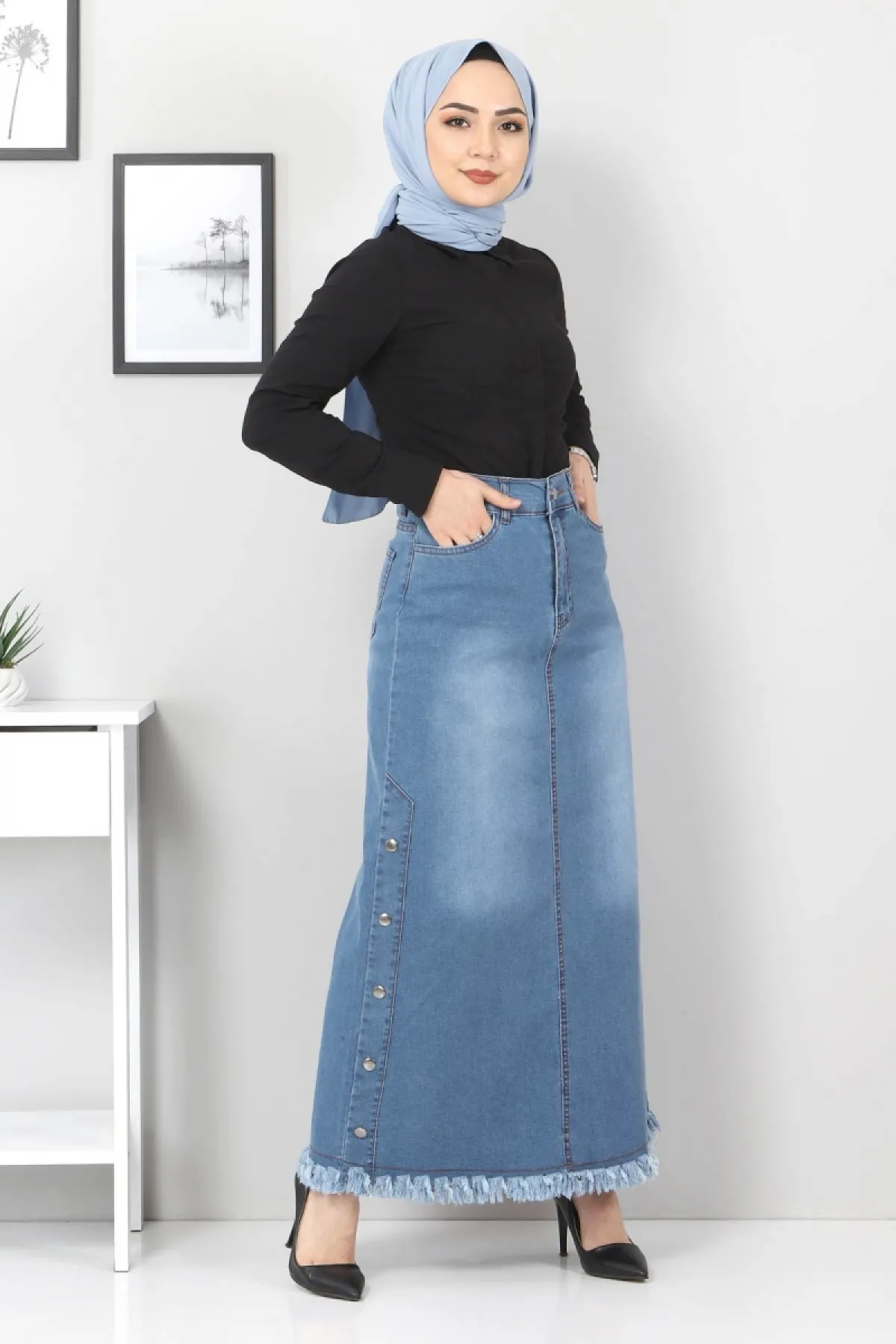 Tesettür Dünyası  Jeansrock mit ausgestellten Seiten Tsd22019 Hellblau