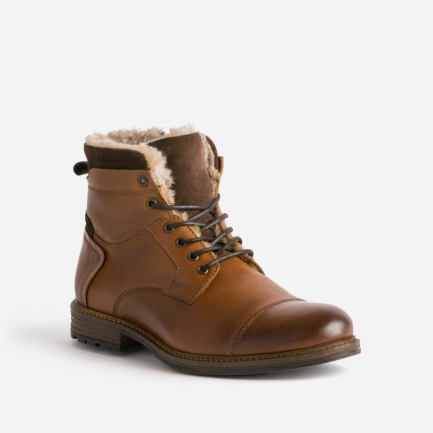 Boots cognac en cuir col fourré
