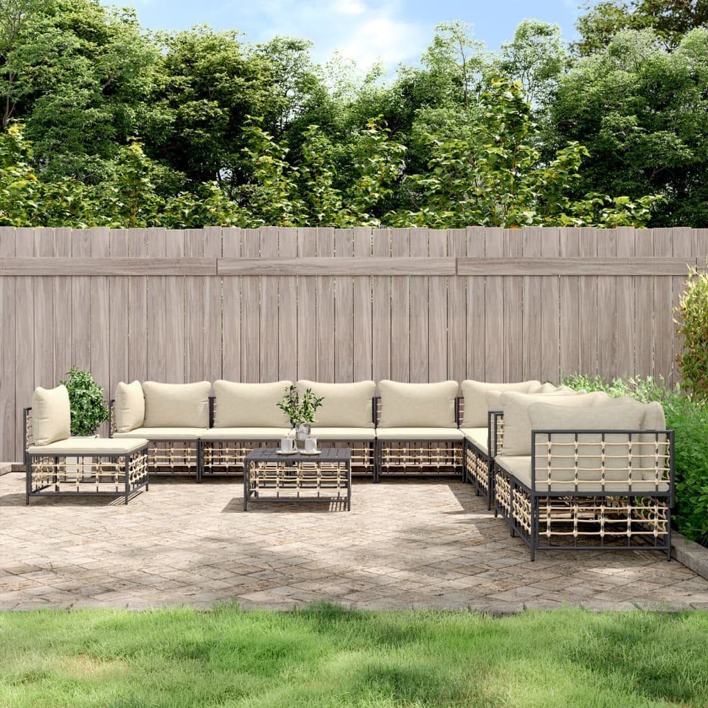 vidaXL Loungesofa 11-tlg. Garten-Lounge-Set mit Kissen Anthrazit Poly Rattan, 11 Teile