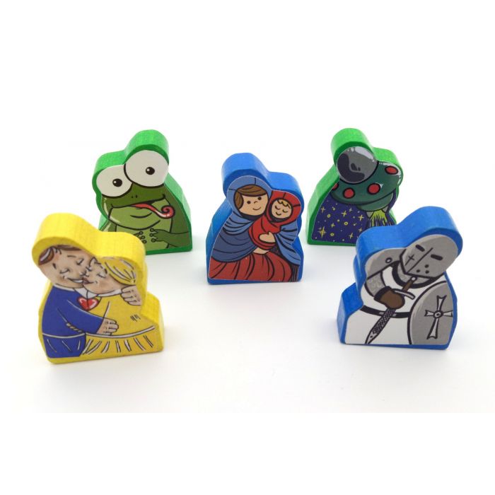 Spielsteine mit Aufkleber - Frosch, UFO, Paar, Maria, Ritter