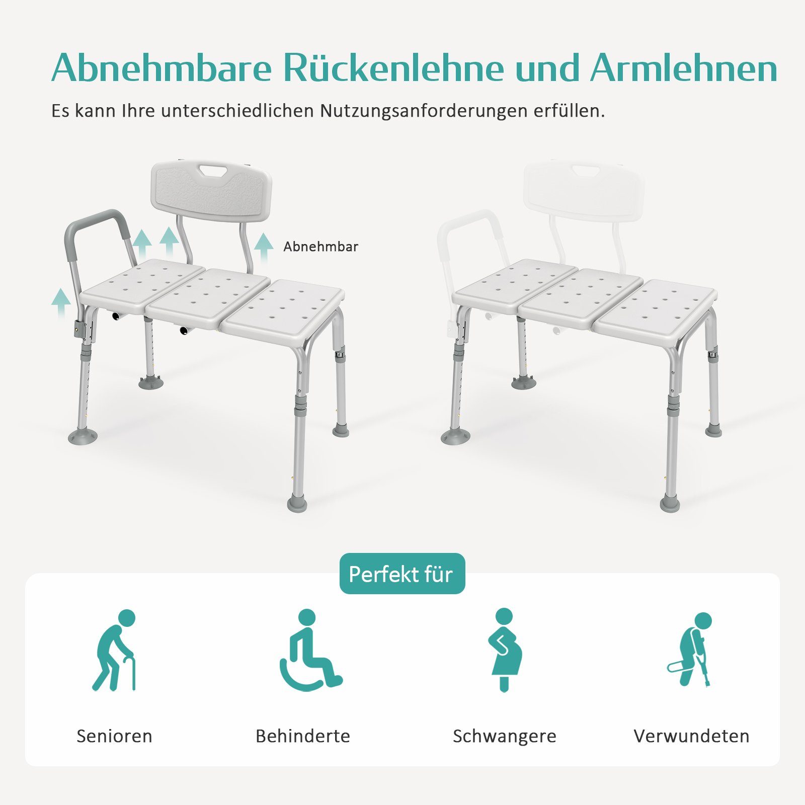 EMKE Duschhocker Duschhilfe Sitzfläche mit Sicherheitsgriffen Badhocker mit Armlehnen, Höhenverstellbar Anti-Rutsch-Gummifüße Belastbar bis 125 kg