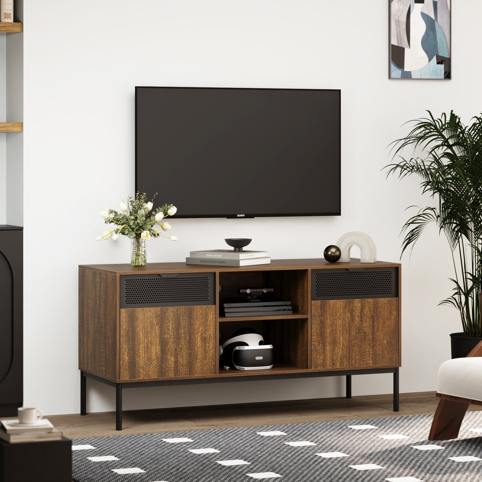 Mondeer Lowboard TV Schrank (TV Lowboard), mit 2 Ausgehöhlten Metalltüren und Verstellbarem Einlegeboden