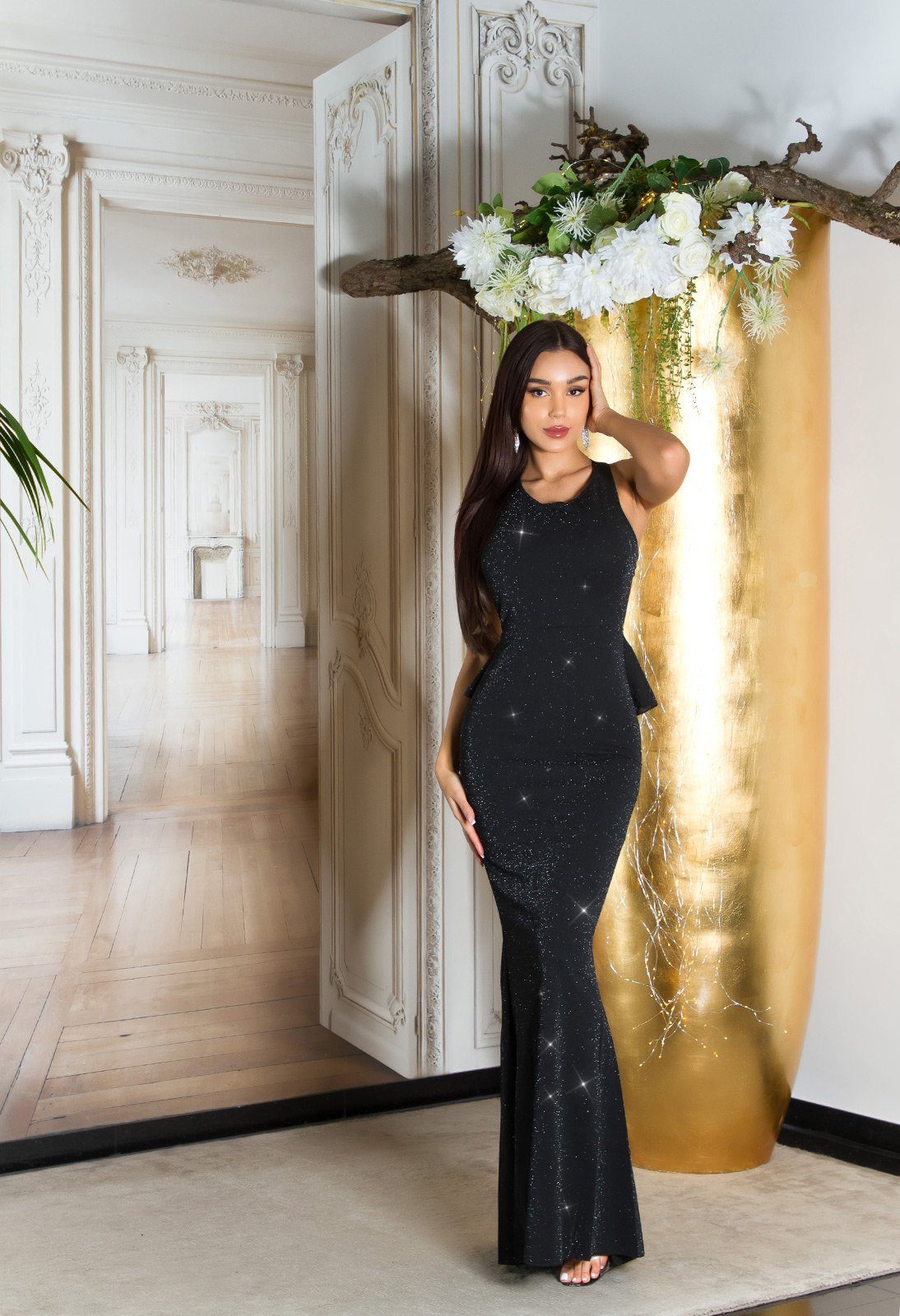 Koucla Abendkleid glitzerndes Maxikleid Partykleid mit Schößchen und offenem Rücken