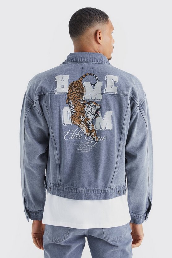 Tall kastige Jeansjacke mit Tiger-Applikation