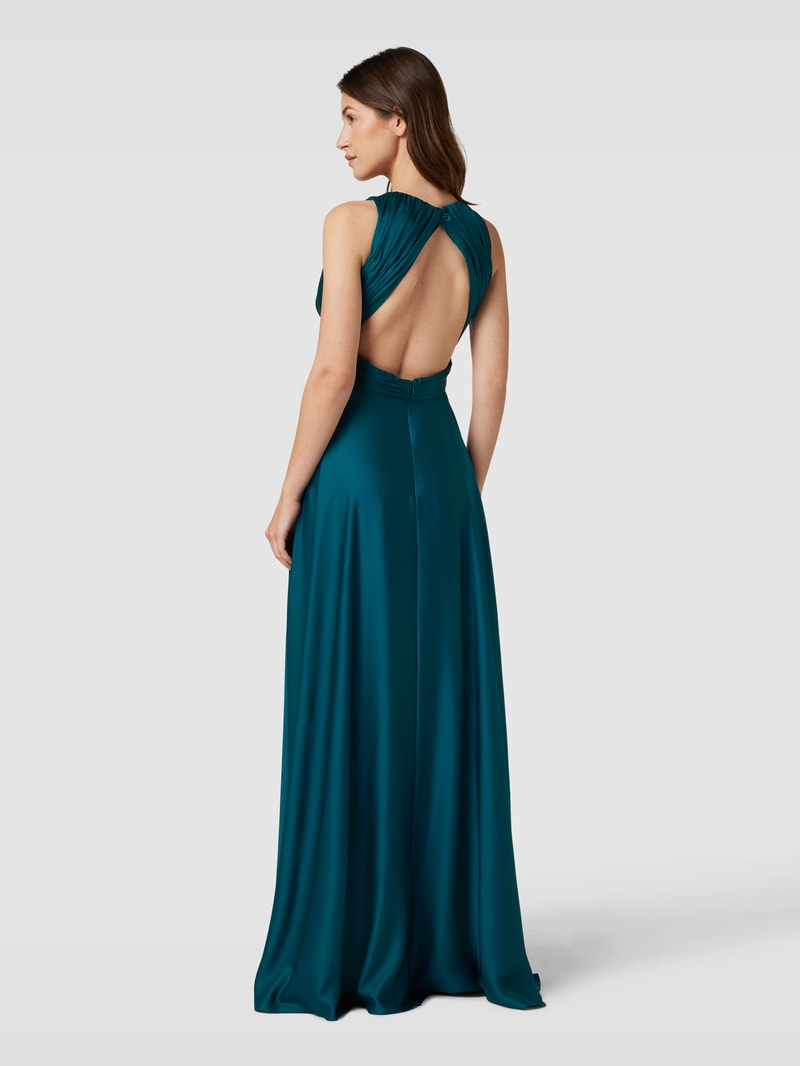 Abendkleid mit Raffungen in dunkelgrün meliert