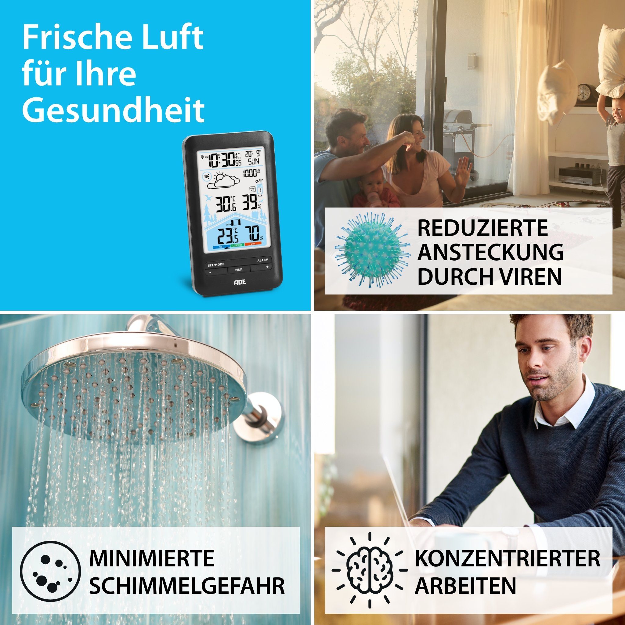 ADE Wetterstation mit Vorhersage und Lüftungsempfehlung Funkwetterstation (mit Außensensor, animierte Wettervorhersage, Wecker mit 2 Weckzeiten, Kalender)