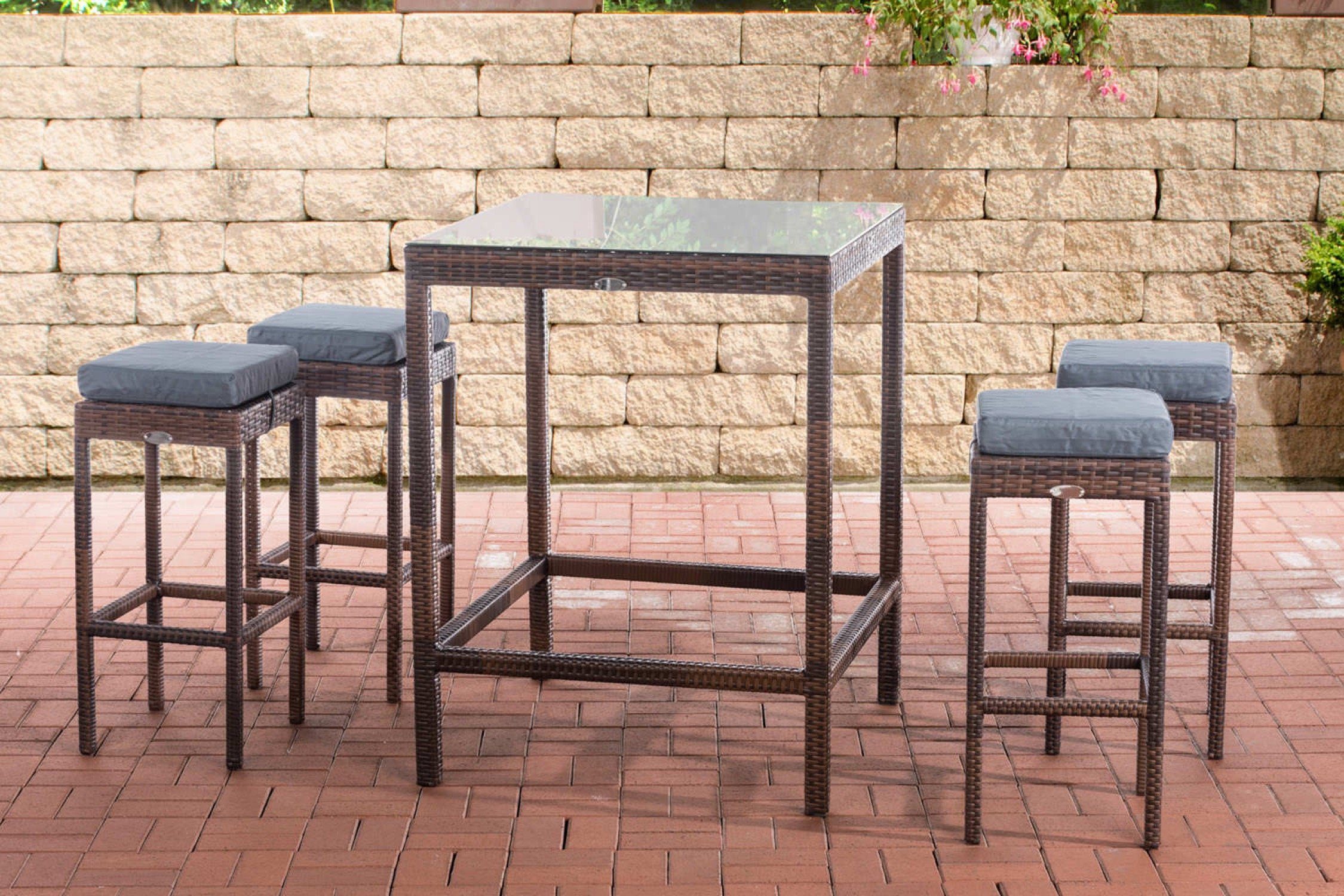 TPFGarden Gartenbar-Set Alina - aus UV-beständigem Polyrattan und Aluminium-Gestell, (Stehtisch-Set mit 4 Hockern und Kunstlederauflagen, Gartenlounge-Set - wasserfest, pflegeleicht und UV-beständig), Maße (TxBxH): Tisch 84 x 84 x 110,5cm - Hocker 37