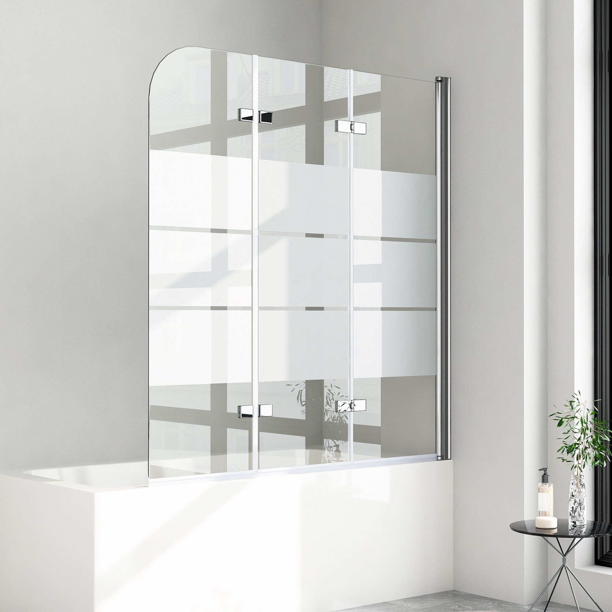 Boromal Badewannenaufsatz Duschwand für Badewanne Schwarz Faltbar 3-teilig Matt Glas Glaswand, Sicherheitsglas, (1xBadewannenabtrennung 3-teilig mit Milchglas Streifen), rechten oder linken, Duschabtrennung