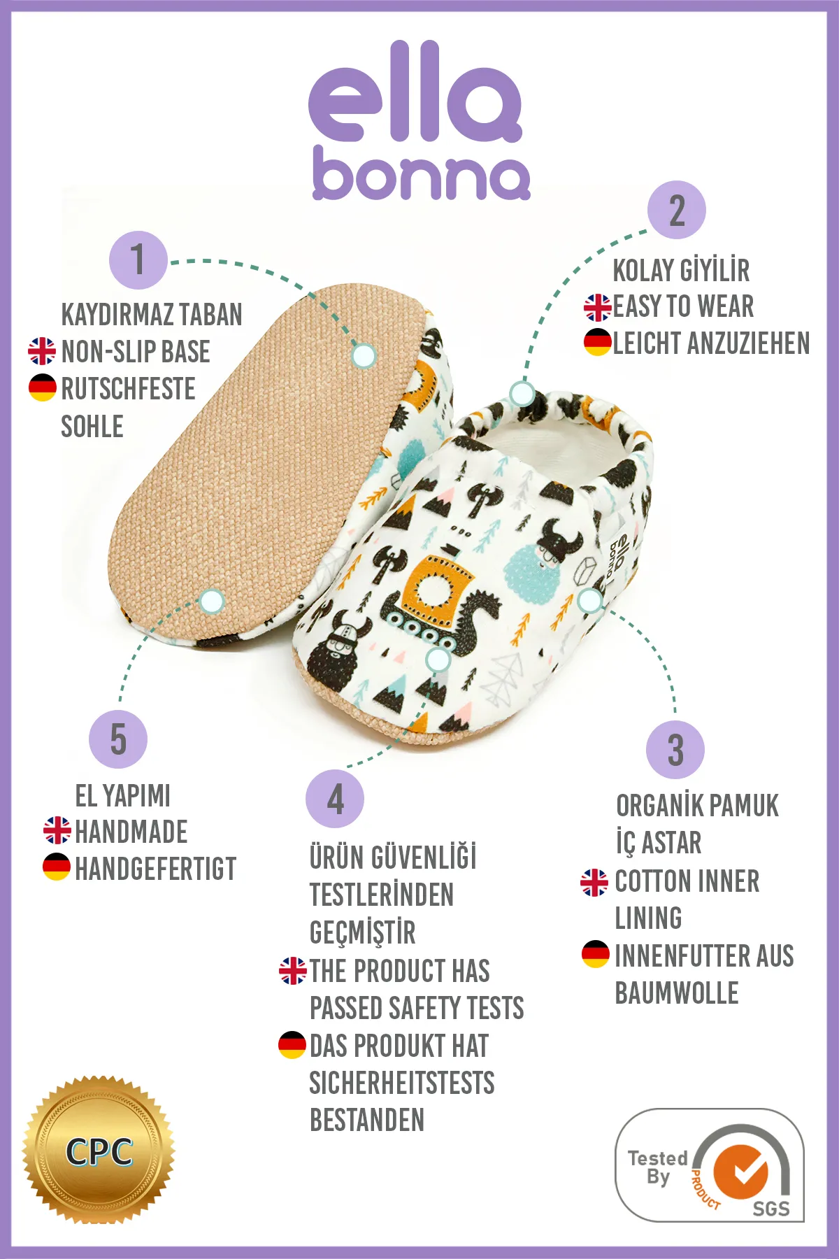 Ella Bonna  Anti-Rutsch-Sohle Vikings Baby-Schuhe, Heimstiefel, Hausschuhe, Kinderzimmer-Schuhe, Hausschuhe