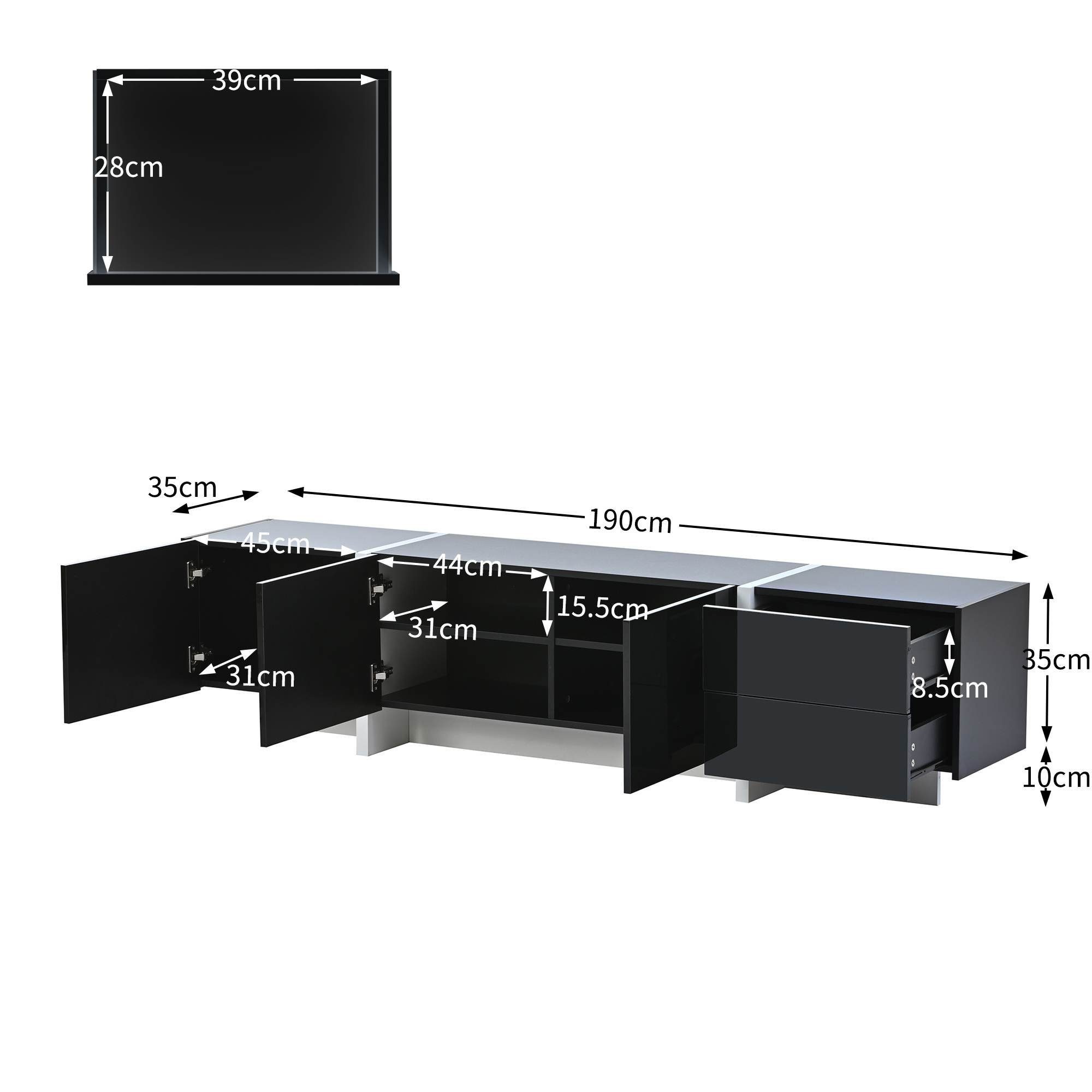 BlingBin TV-Schrank niedriges Paneel mit farbblockierten Beinen in Hochglanz (1-St., 1er Set) 190 x 45 x 35 cm, Einfaches Liniendesign