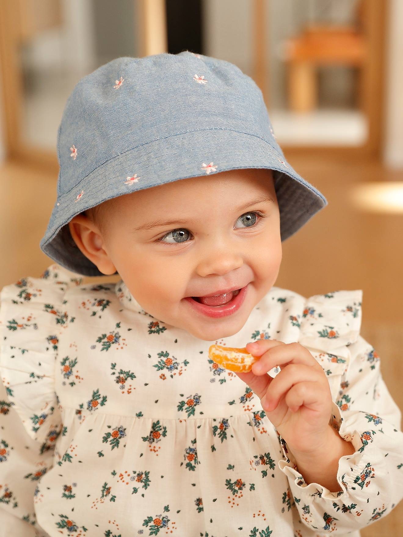 Vertbaudet Mädchen Baby Sonnenhut mit Blumenstickereien - jeansblau