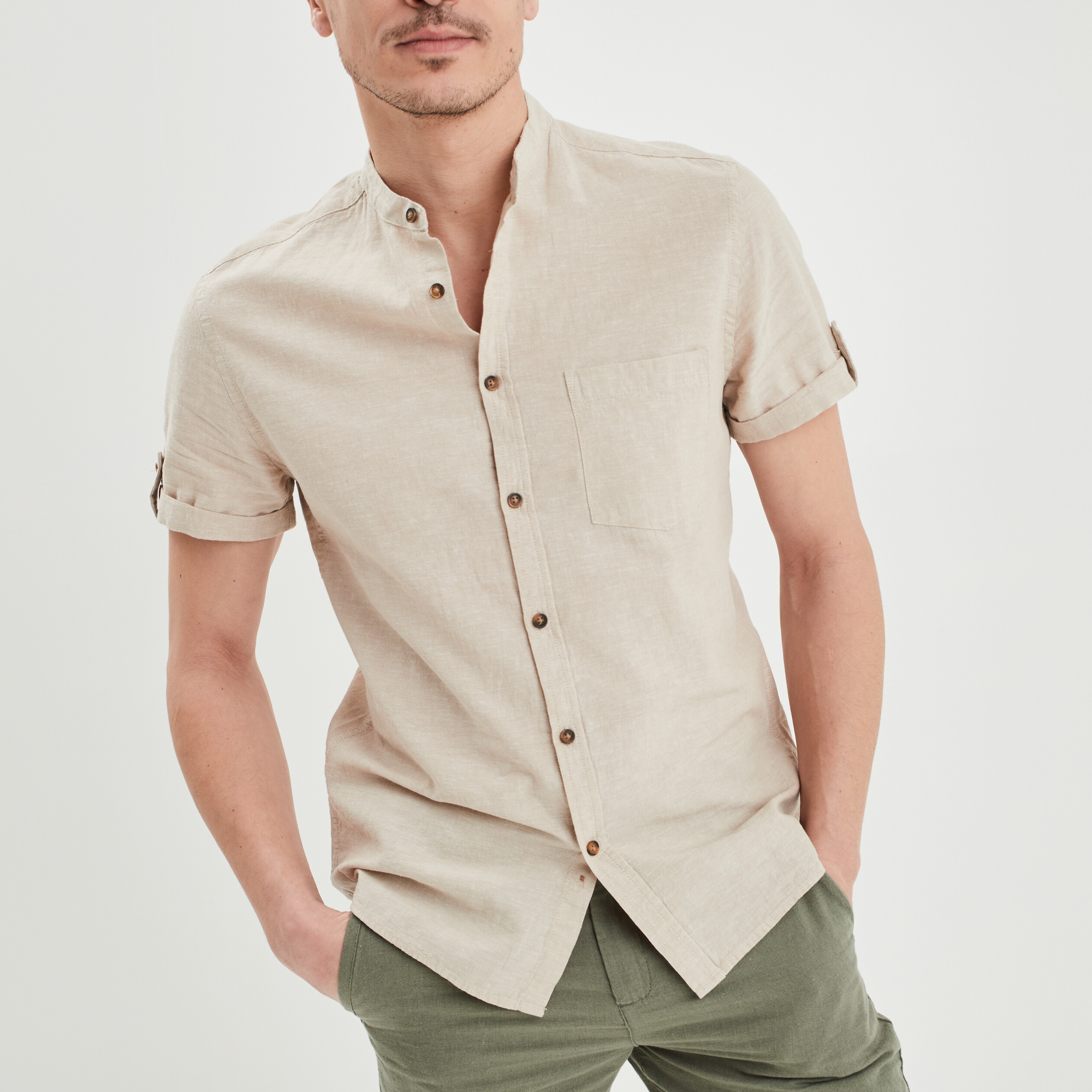 Chemise manches courtes lin majoritaire beige homme | La Halle