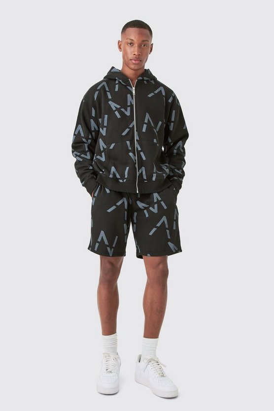 Kurzer kastiger Man Hoodie-Trainingsanzug mit Print und Reißverschluss