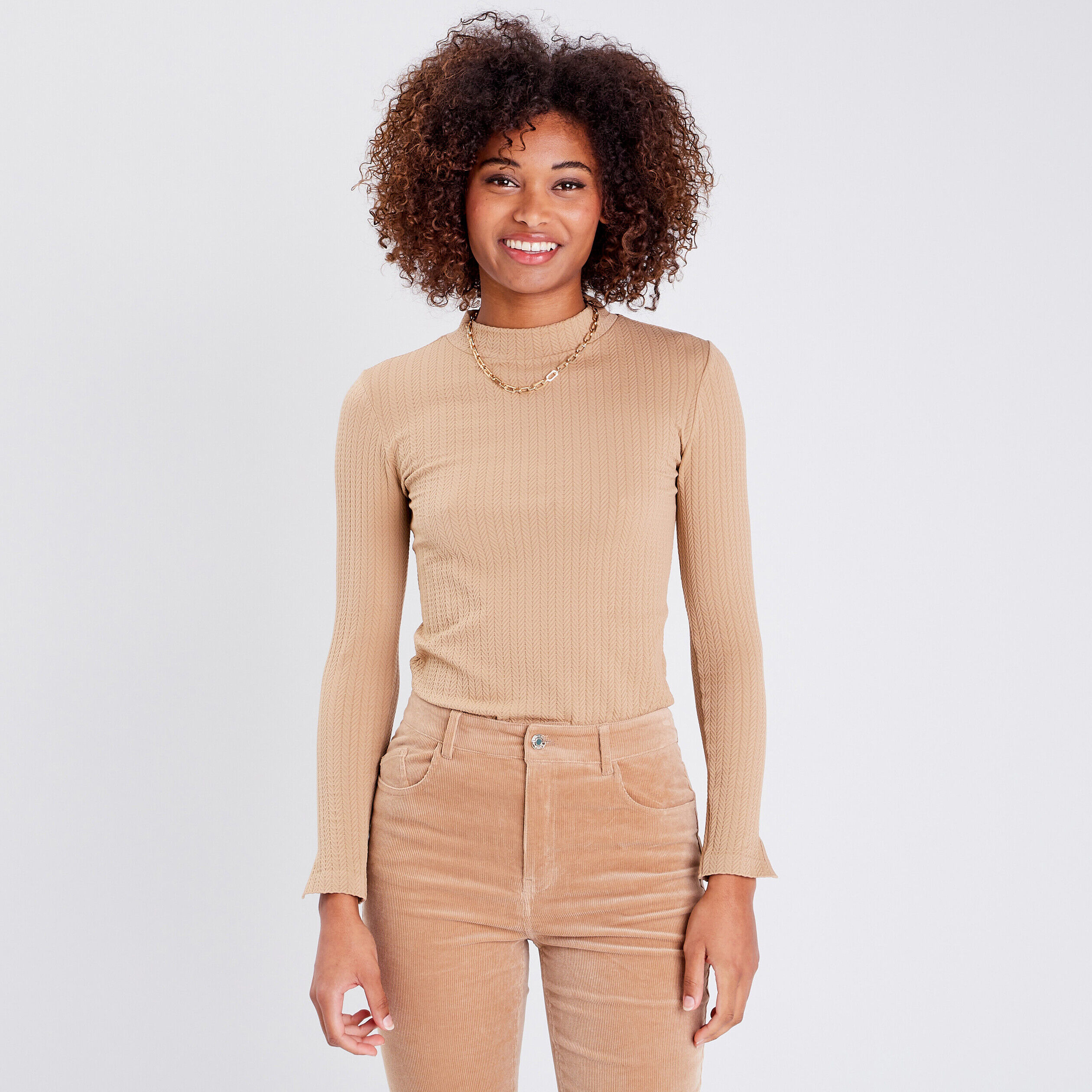 T-shirt côtelé col montant beige femme | Cache Cache