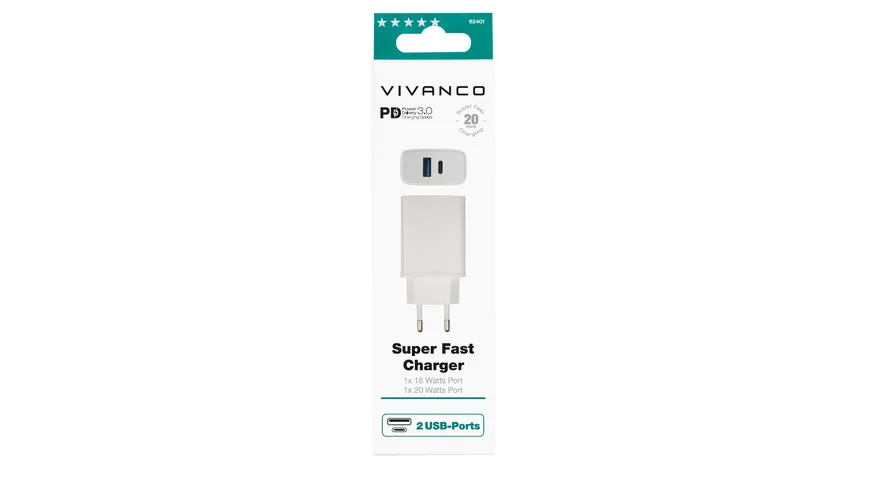 Vivanco Super Fast Charger, Power Delivery 3.0, Dual Schnellladegerät mit 2 USB Ports, 20W