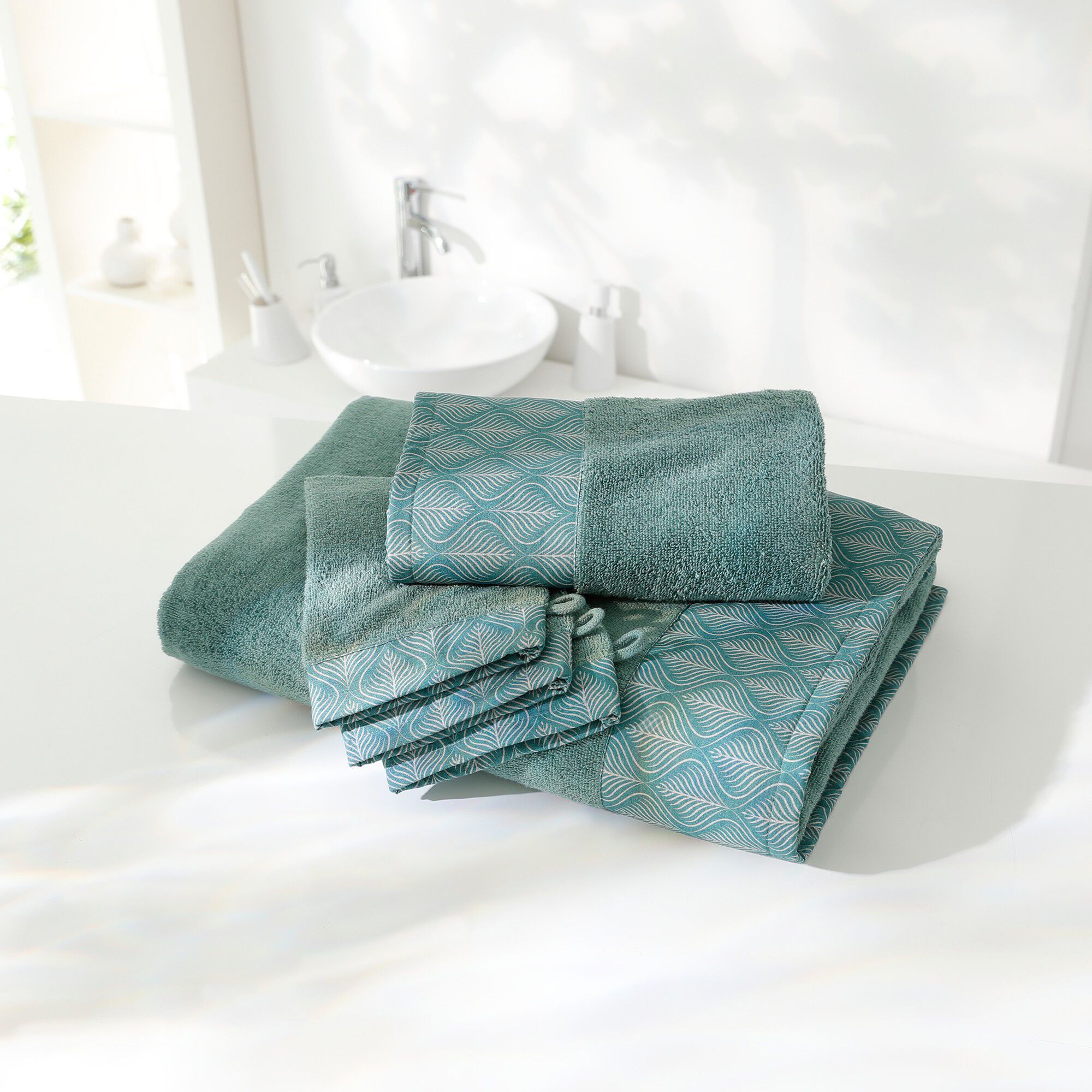 Éponge bouclette 420 g/m² liteau imprimé feuillage