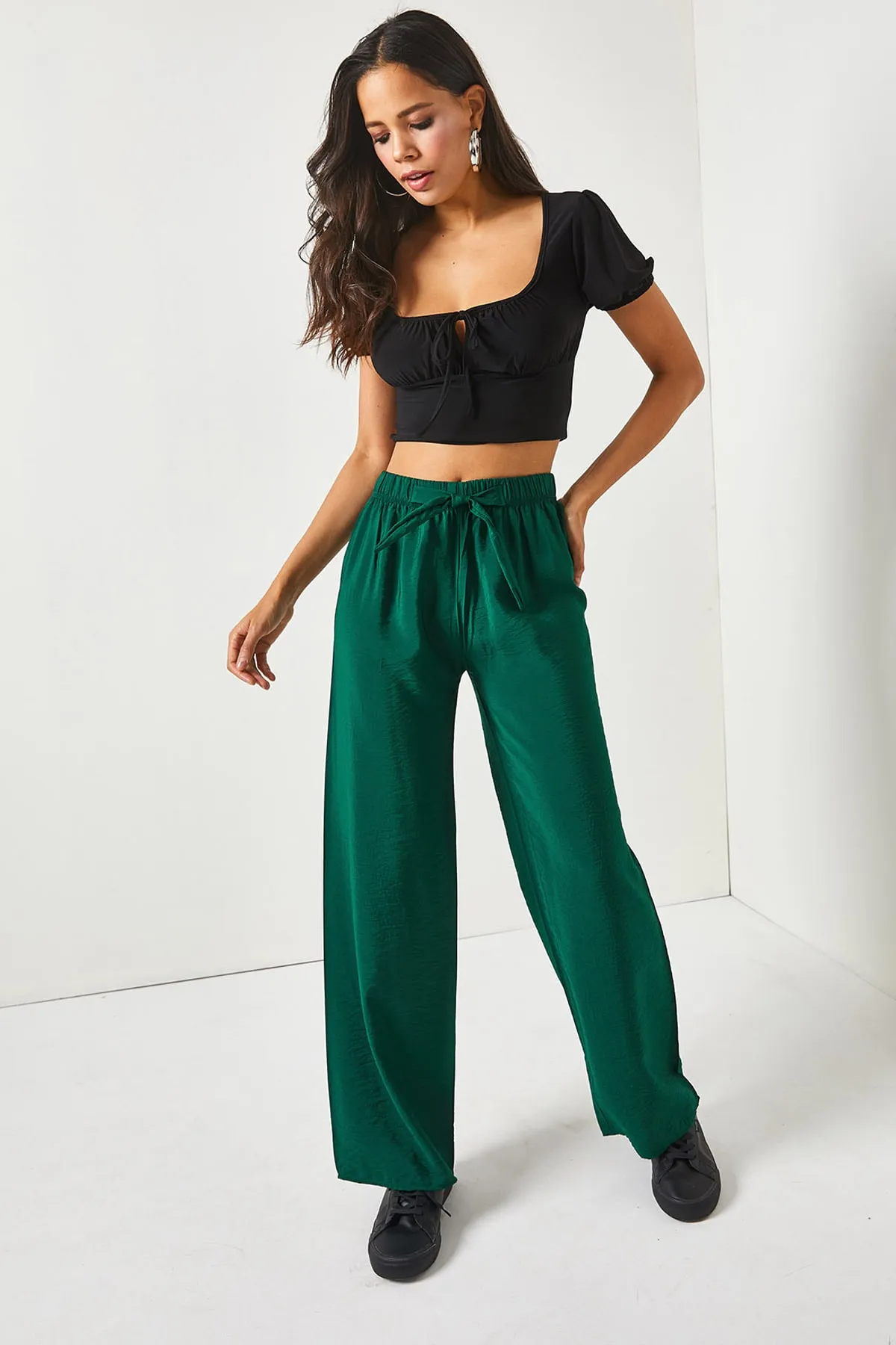 Olalook  Smaragdgrüne Palazzo-Ayrobin-Hose mit Gürtel und elastischem Bund für Damen PNT-19000200