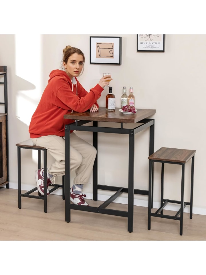 COSTWAY Esstisch 3 tlg. Set mit 2 eingebauten Hockern in Braun günstig kaufen onesize
