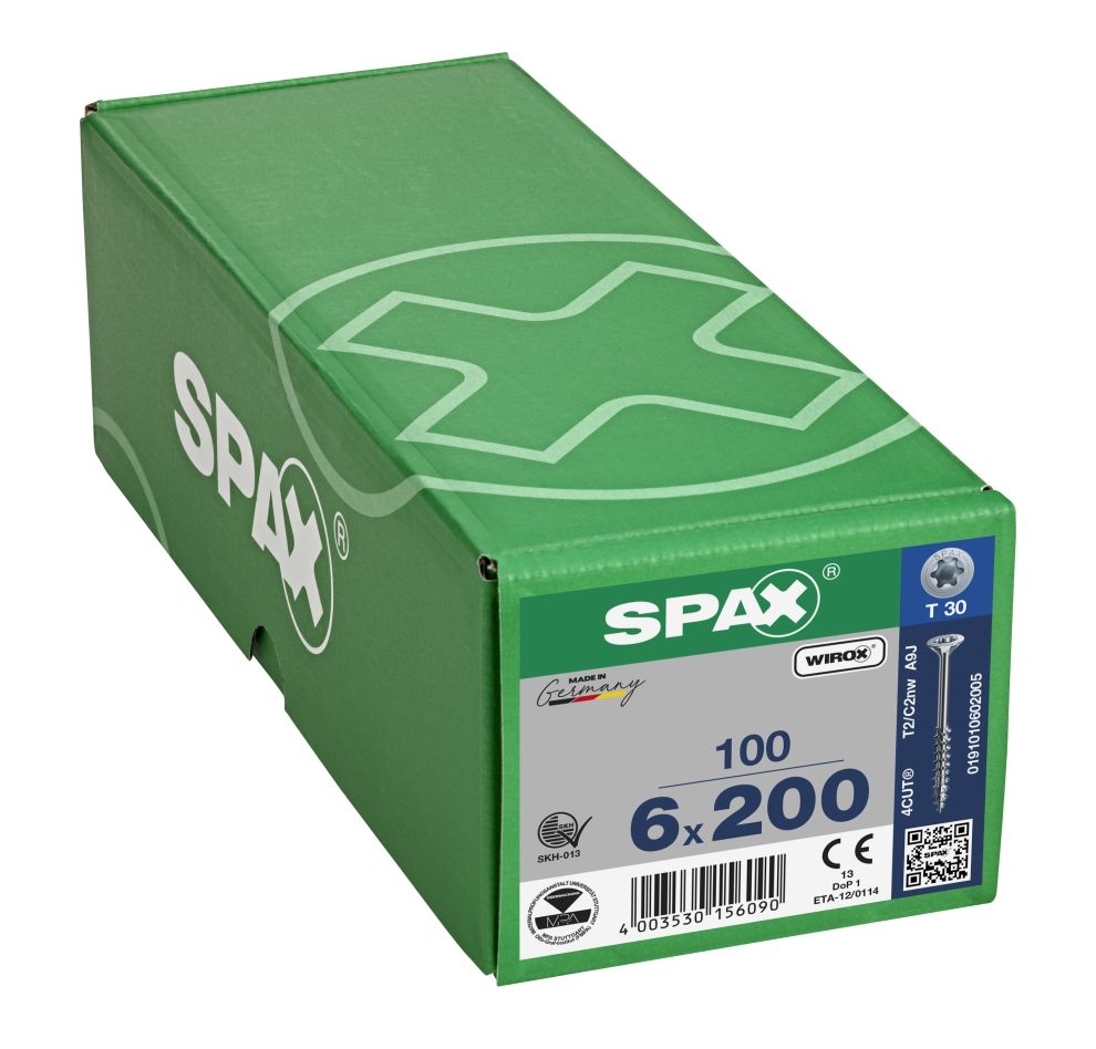 SPAX 0191010602005 Universalskruv 6 x 200 mm, Delgänga, Försänkt huvud, T-STAR plus T30 - 100 delar