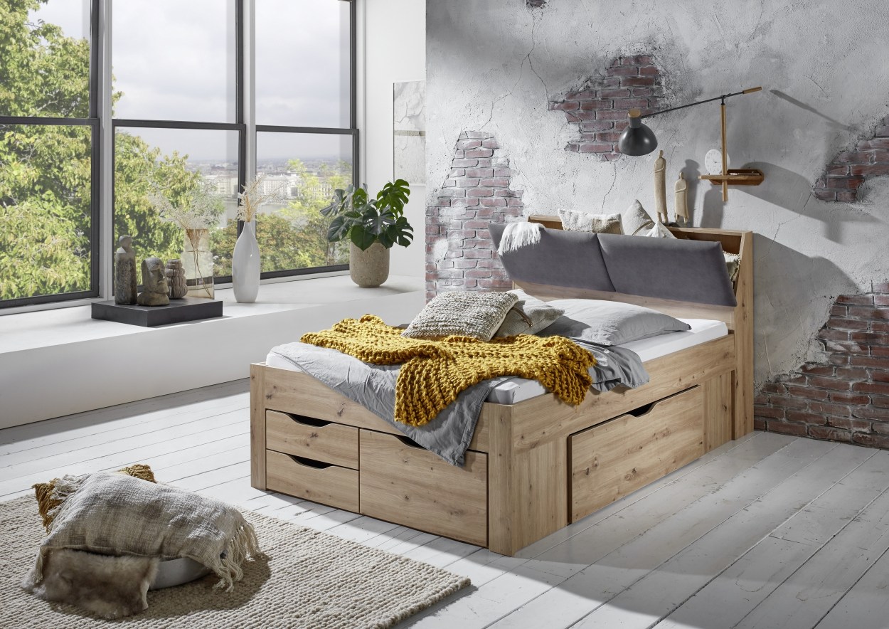 Relita Funktionsbett Maxi 140 x 200 cm, mit Rolllattenrost mit 5 Bettschubladen und Stauraum-Polster-Kopfteil Eiche Artisan Dekor