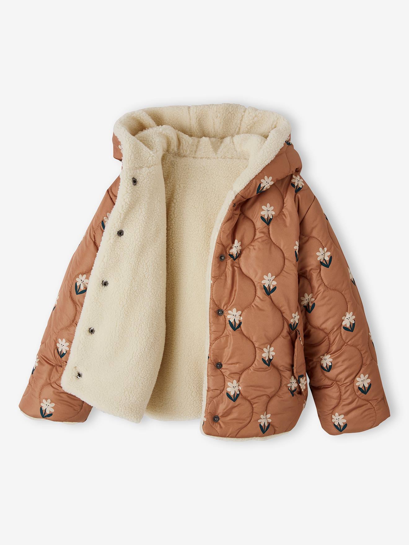 Doudoune à capuche réversible fille matelassée et sherpa noisette