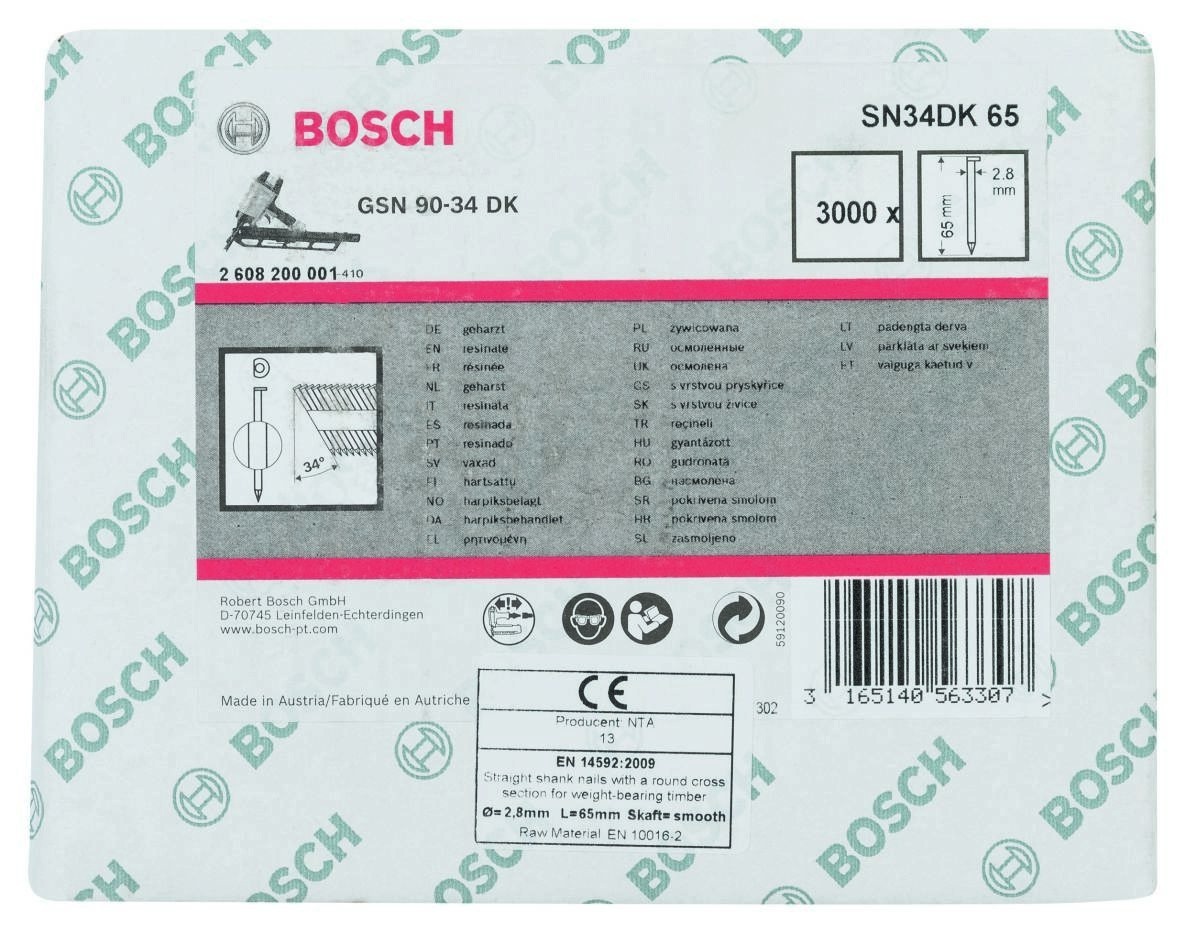 Bosch Blue Zubehör 2608200001 SN34 DK 65 Streifennägel 34° D-Kopf Glatt 65 mm 3000 Stück