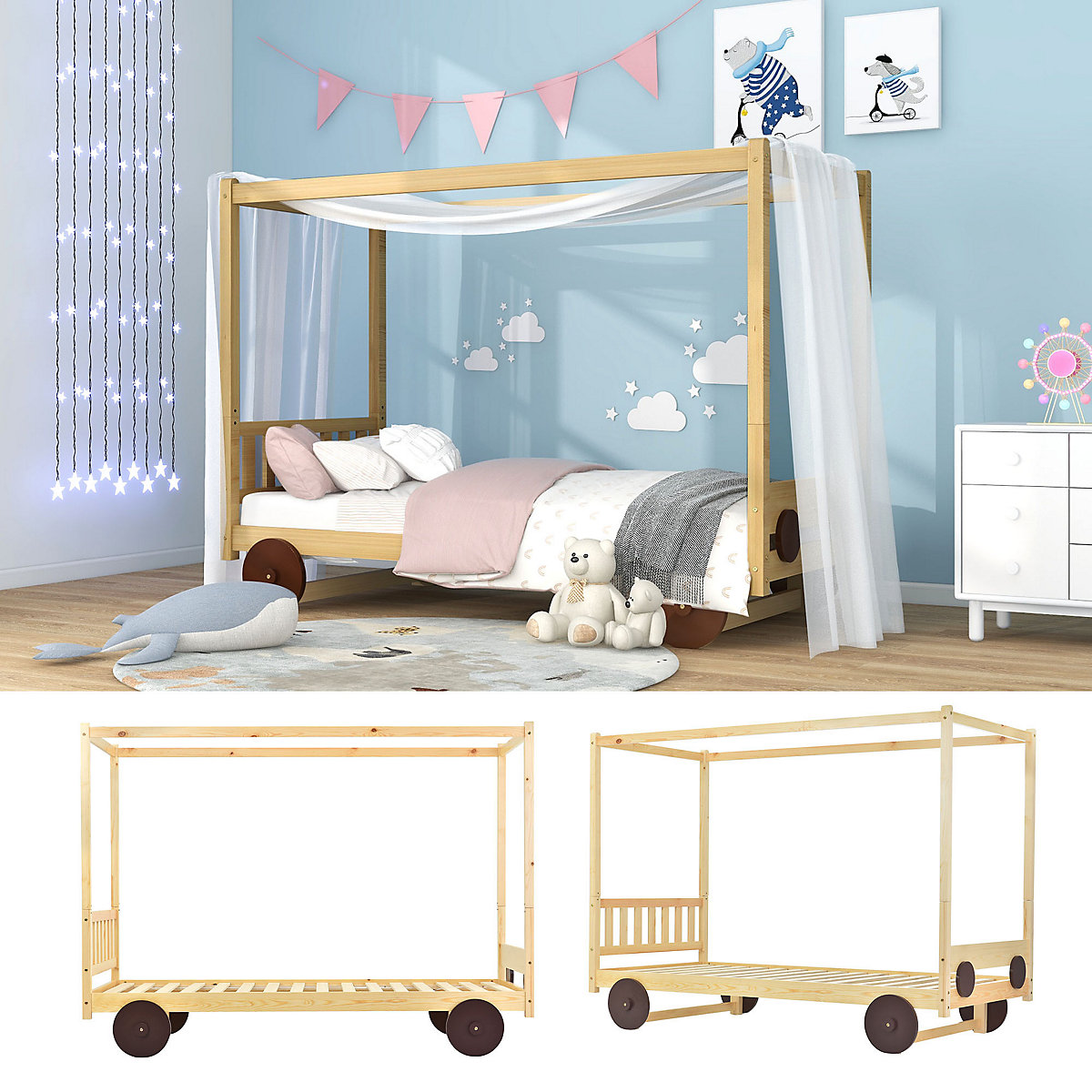 Autobett Kinderbett mit MDF-Rädern, abnehmbarer Rahmen, Rahmen aus Kiefer