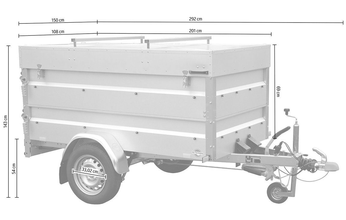 STEMA PKW-Anhänger BASIC 850 COC, max. 593 kg, inkl. Bordwandaufsatz und Deckel