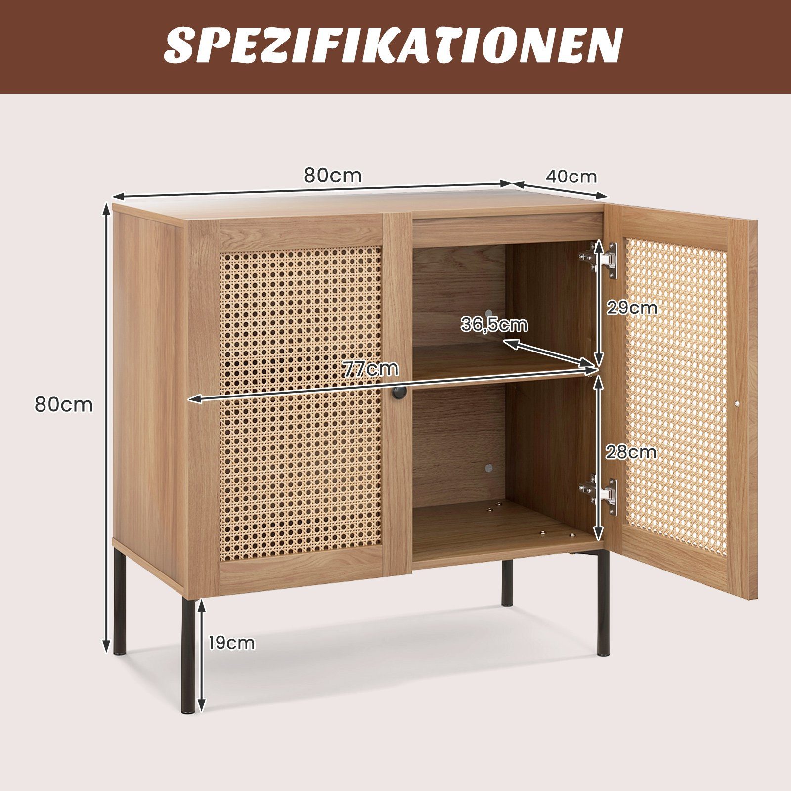 COSTWAY Sideboard, mit Arbeitsplatte, Rattantüren&verstellbarem Regal, 80cm