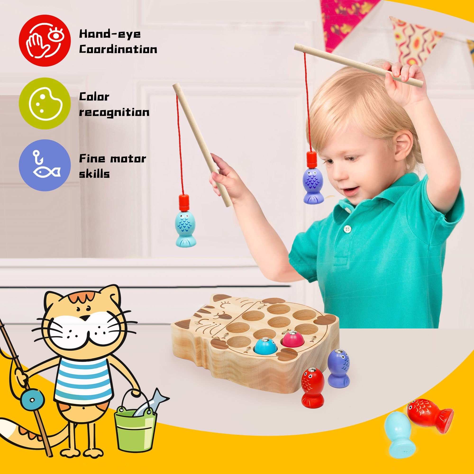 Wenta Lernspielzeug Magnetische Angelspiel Holz Fischspielzeug (Montessori Motorik Spielzeug Lernspielzeug Geschenk), für Kinder Mädchen Jungen ab 1 2 3 4 5 Jahre