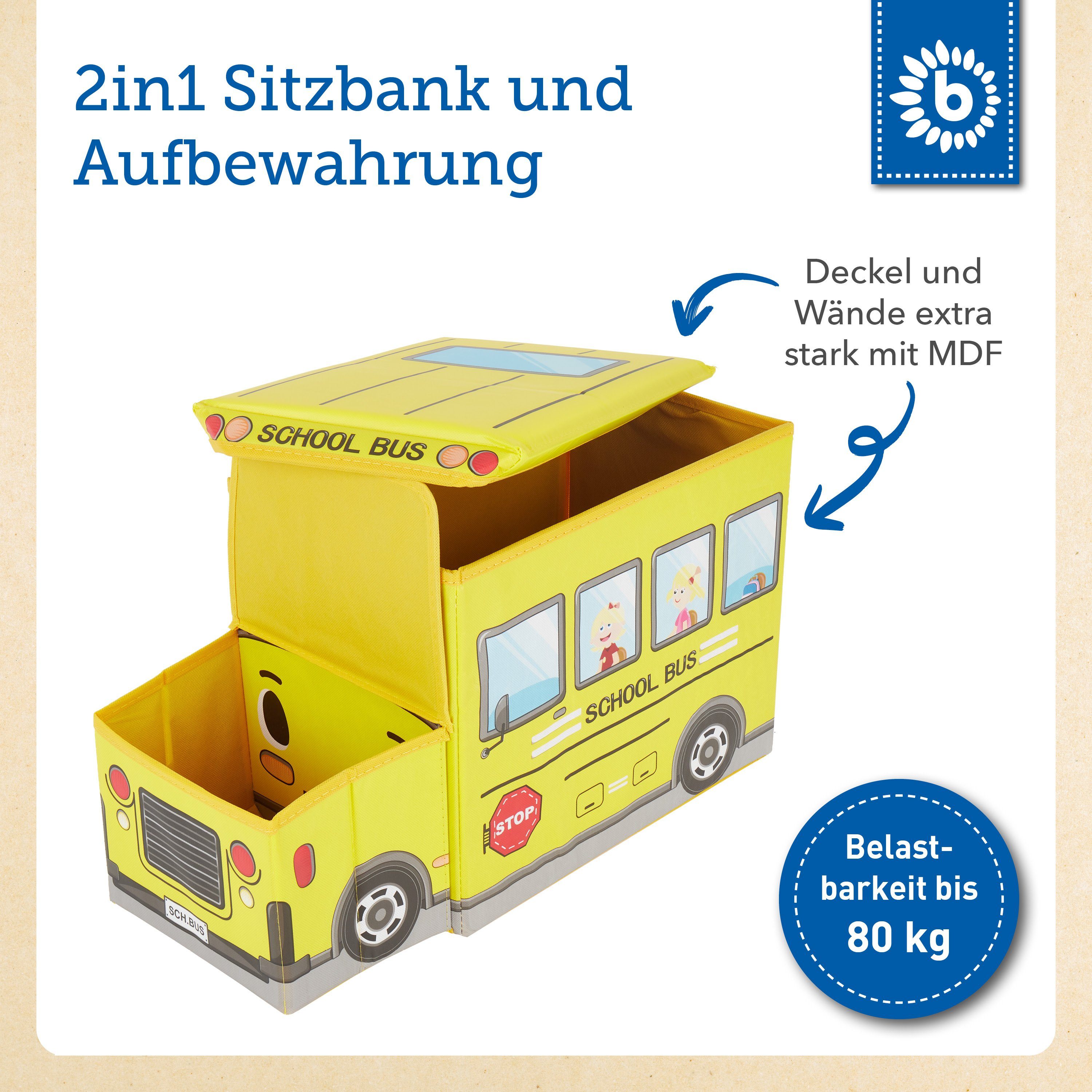 BIECO Spielzeugtruhe Bieco Aufbewahrungsbox mit Deckel Kinder Schulbus, faltbar, Sitzhocker mit Sitzgelegenheit, und Polsterung, Spielzeugkiste mit Stauraum, Sitztruhe, Jungen & Mädchen, 46 L, Belastbar bis 80 Kg, gelb
