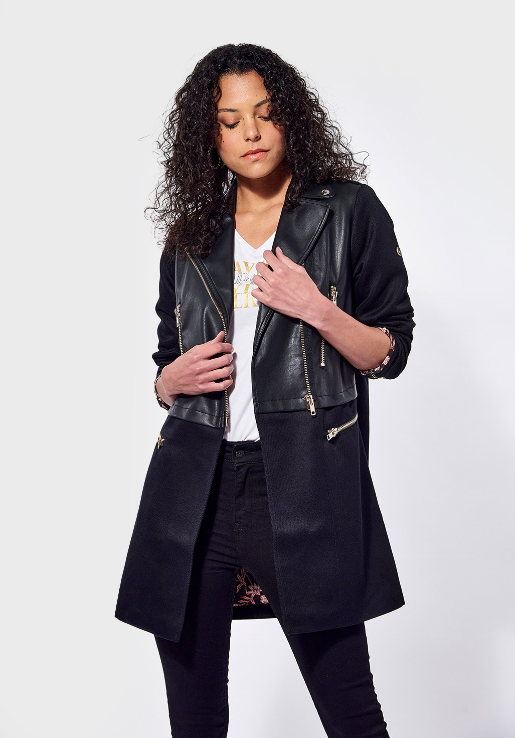 TAM  Manteau régular noir Femme bi matière