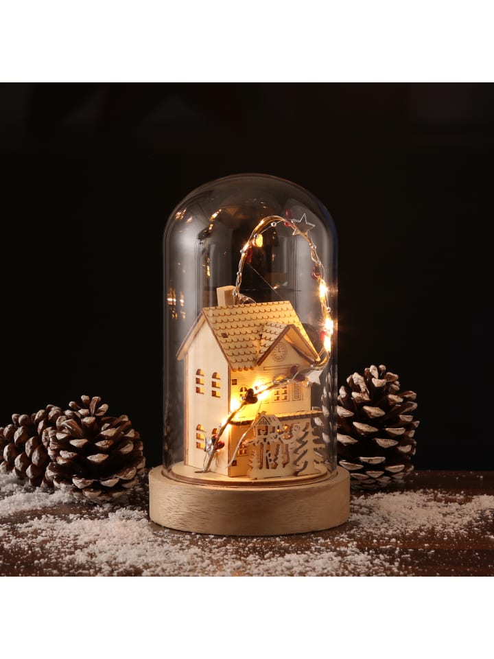 MARELIDA LED Deko Glaskuppel Holzhaus 10LED H: 20cm in natur günstig kaufen onesize