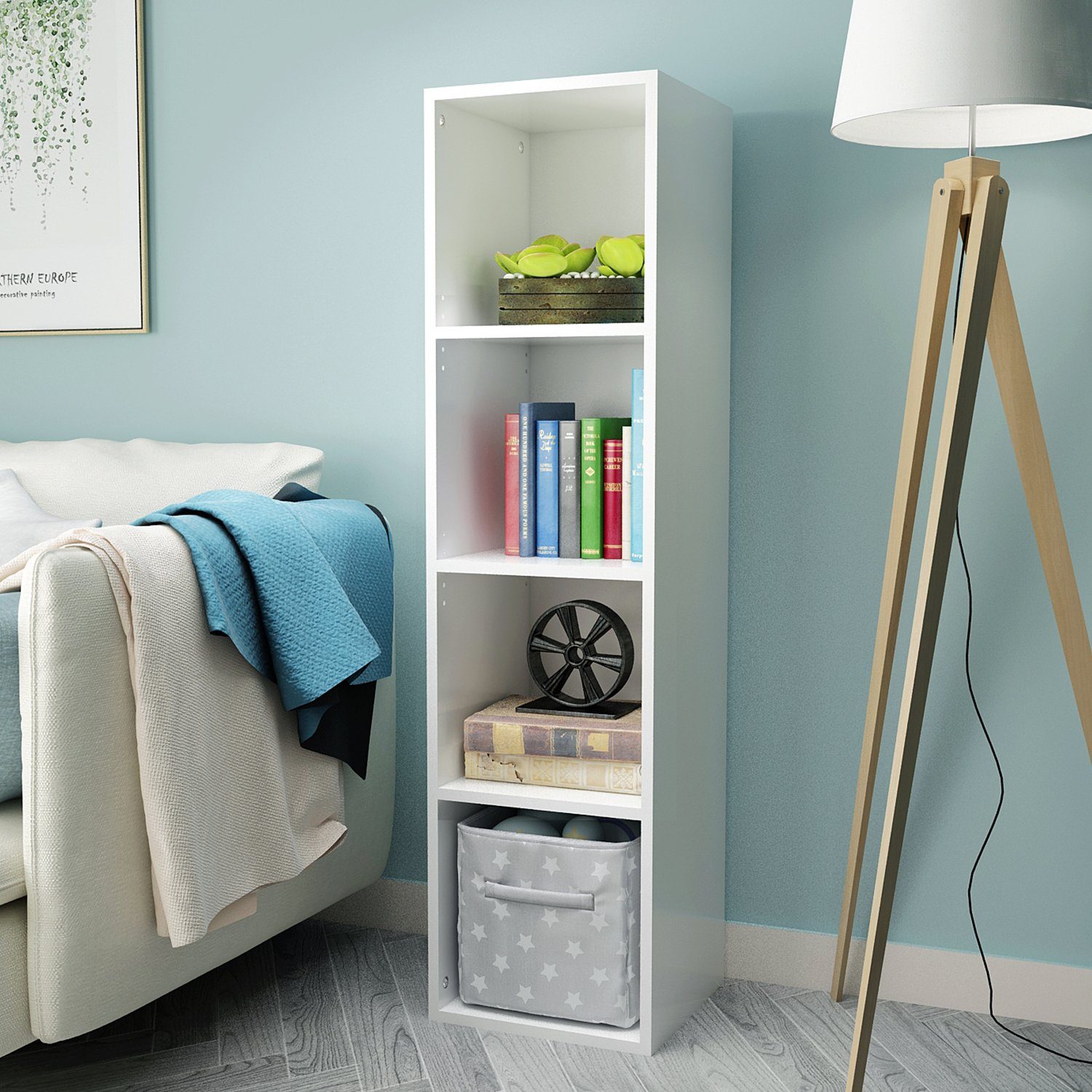 Mondeer Bücherregal Würfelregal, Standregal, Wandregal, Bücherschrank aus Holz mit 4 Fächer, Weiß