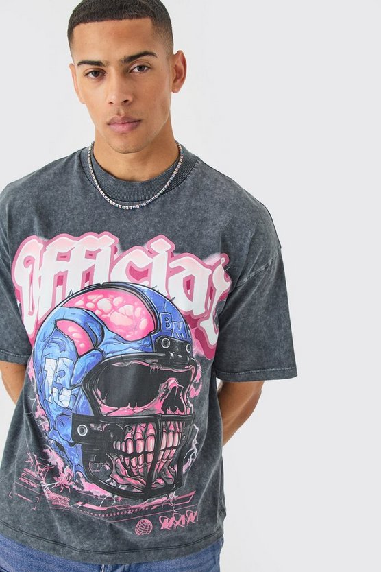 Kastiges Oversize T-Shirt mit Official Totenkopf-Print und Acid-Waschung