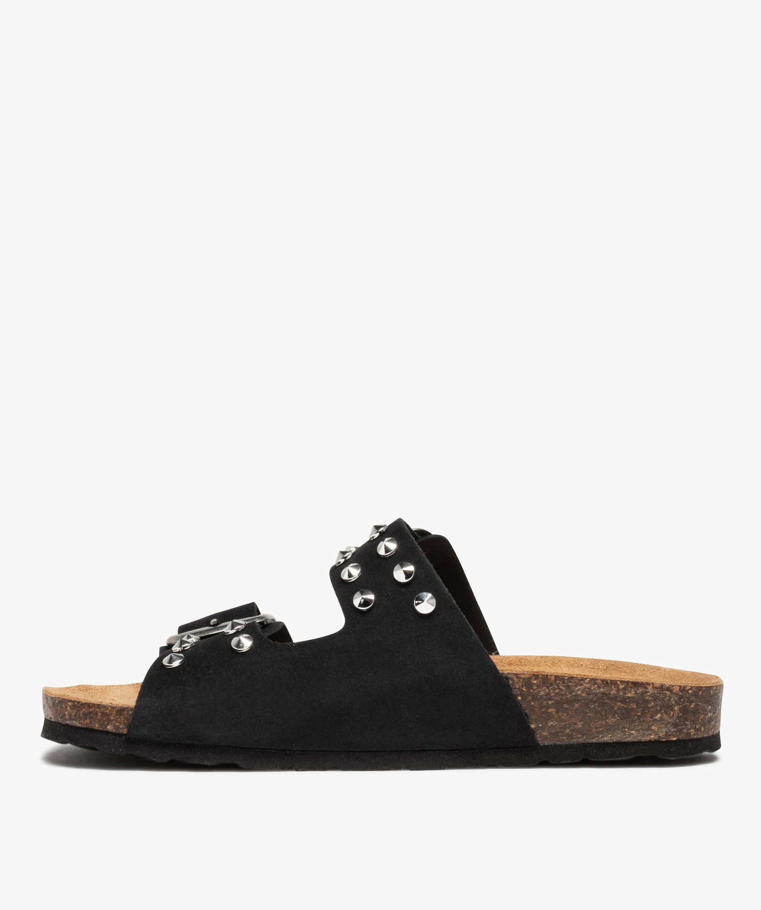 Mules femme à brides en cuir et clous métalliques noir | GEMO