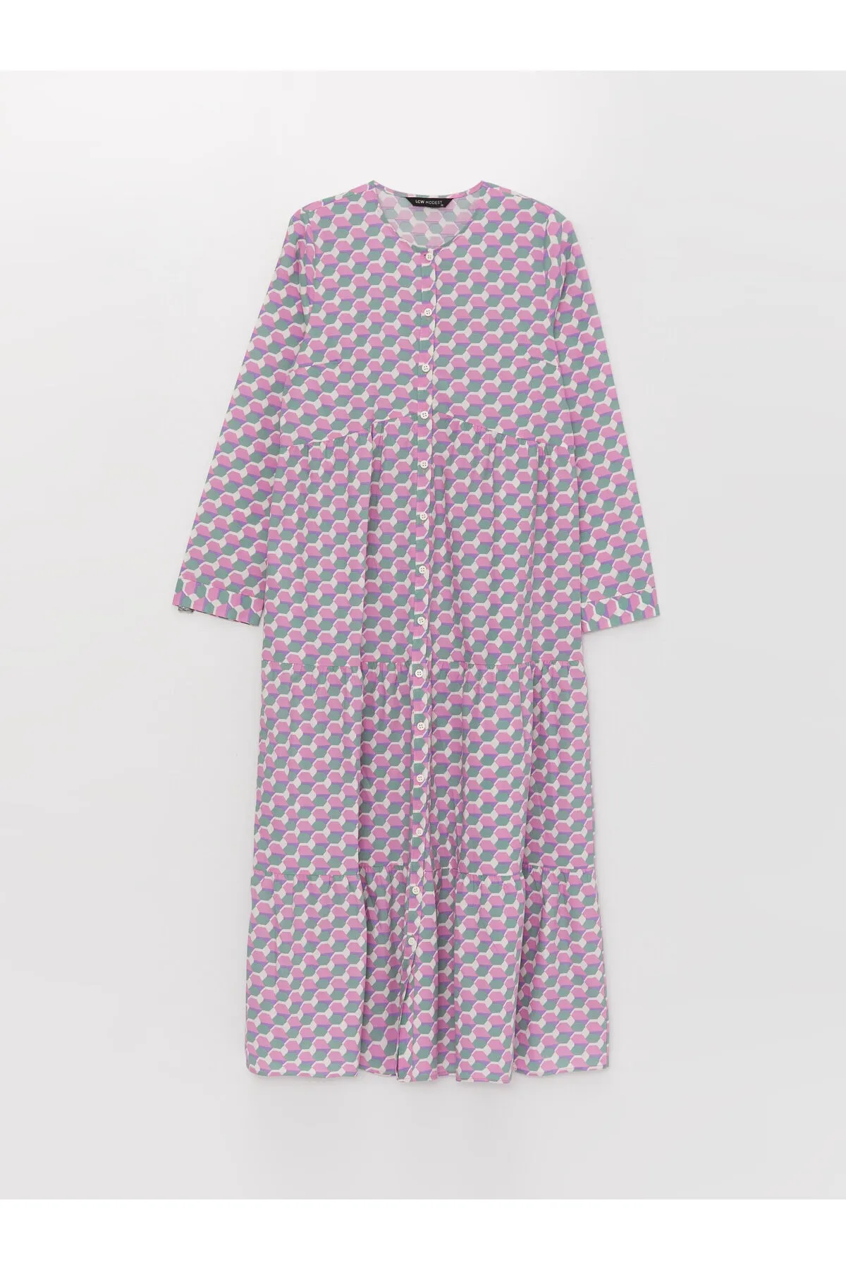LC Waikiki  Gemustertes, langärmliges Damenkleid mit Rundhalsausschnitt