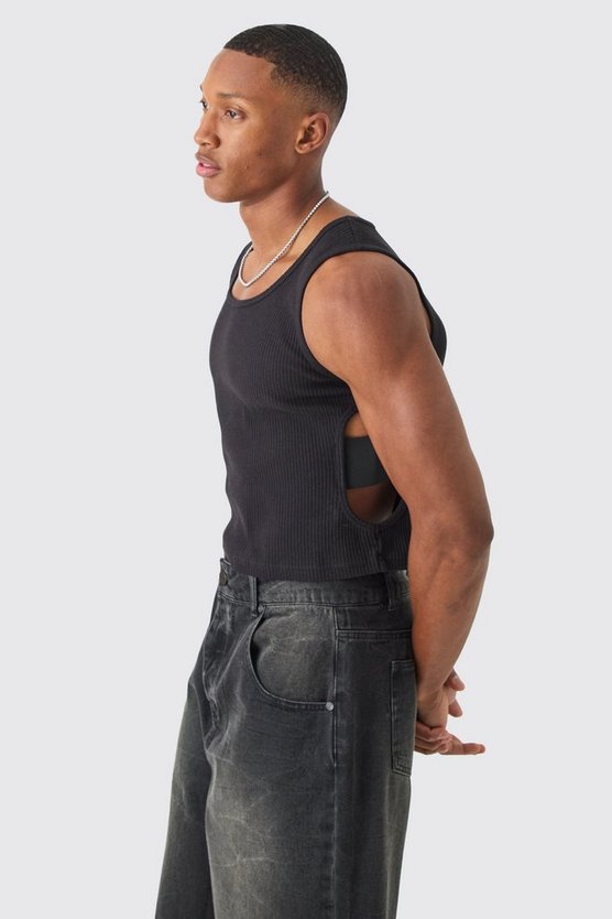 Geripptes Muscle-Fit Tanktop mit Seitenstreifen