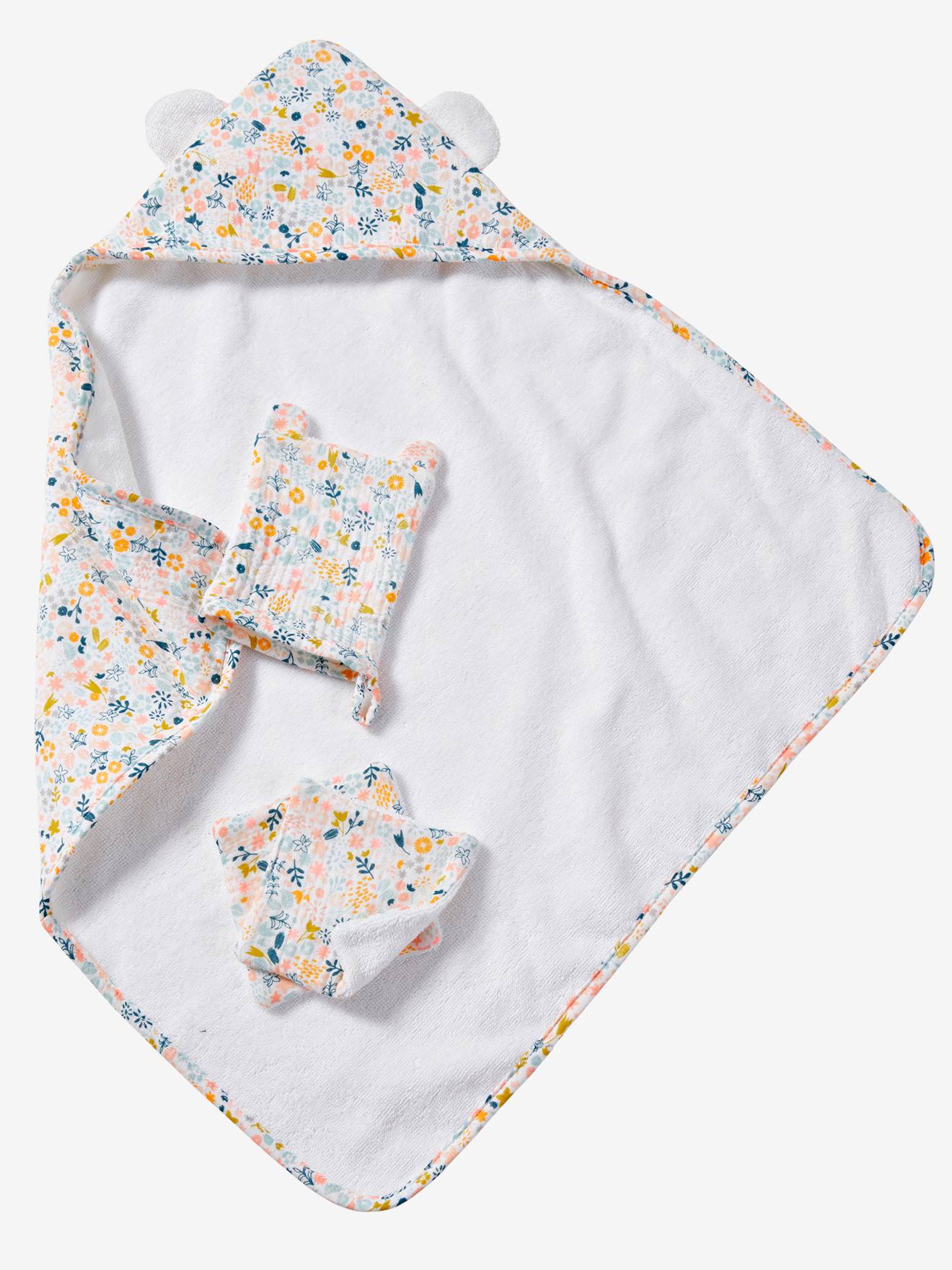 Set cape de bain + gant + lingettes poupon en gaze de coton rose